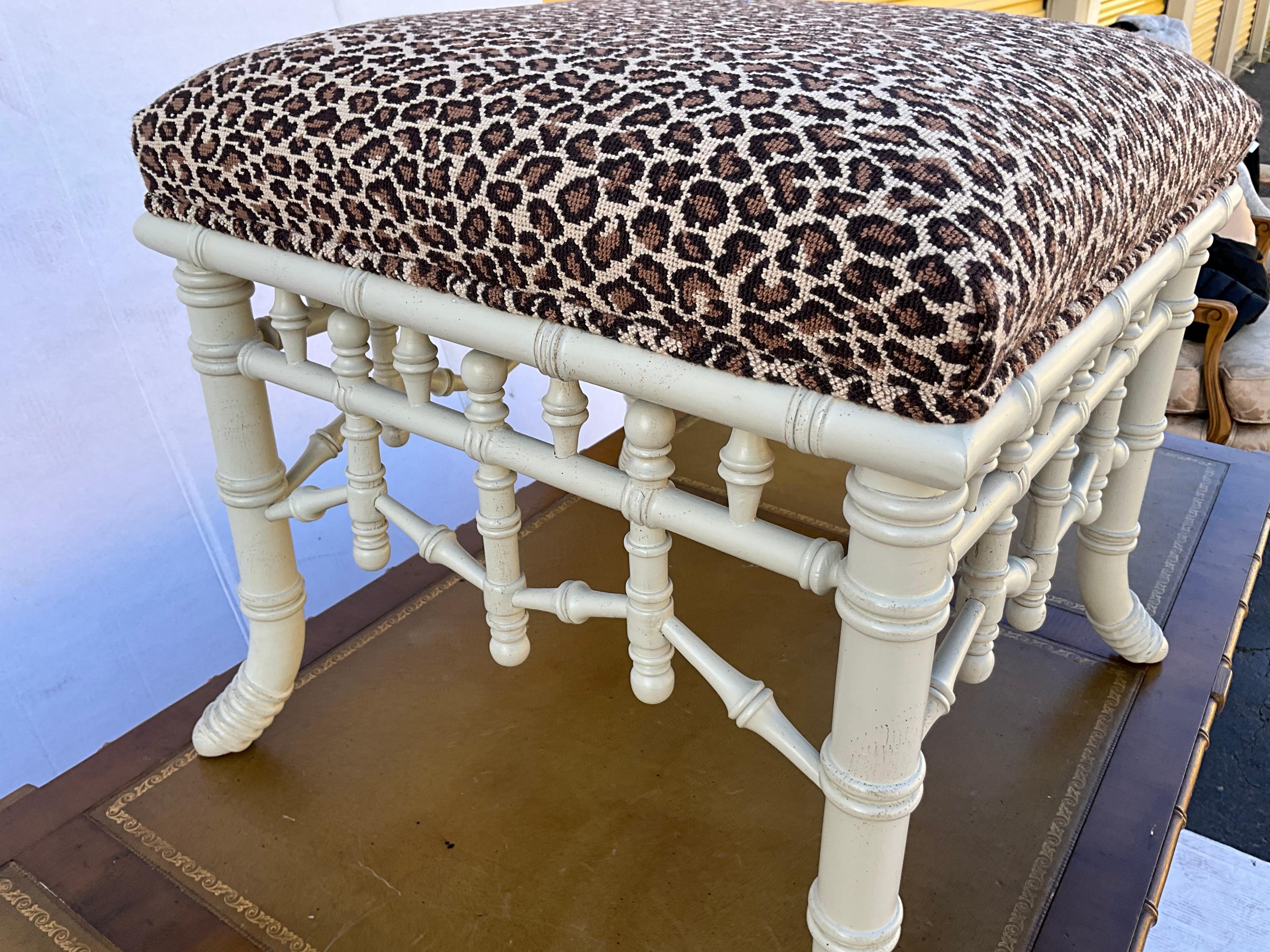 Chippendale Style Faux Bamboo Stool / Ottoman in Leopard Needlepoint 1