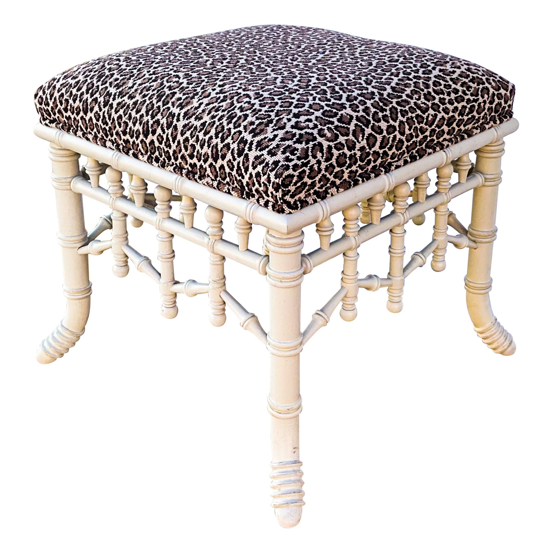 Chippendale Style Faux Bamboo Stool / Ottoman in Leopard Needlepoint