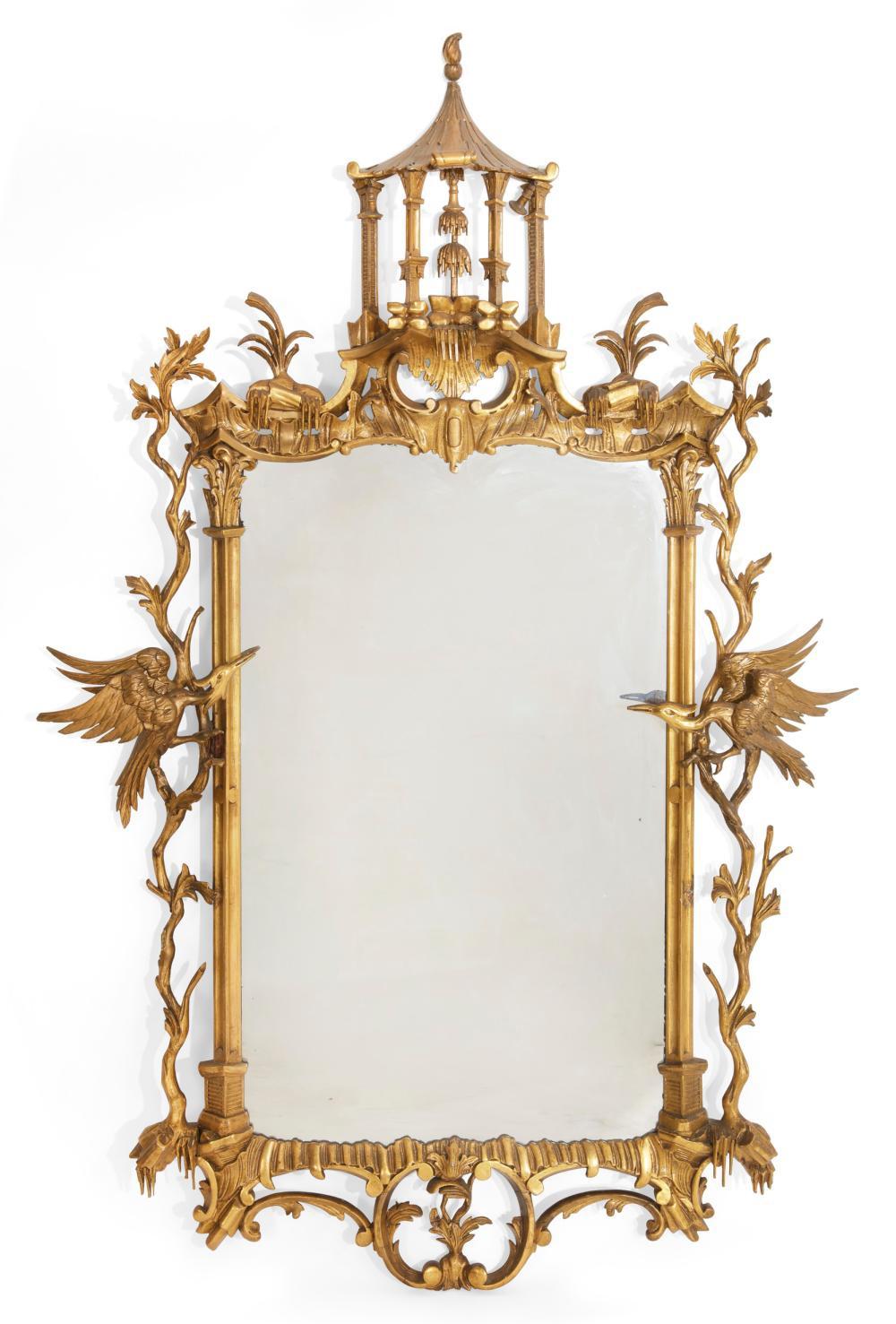 Hand-Carved Chippendale Style Giltwood Mirror With Hoho Birds, 19 Century