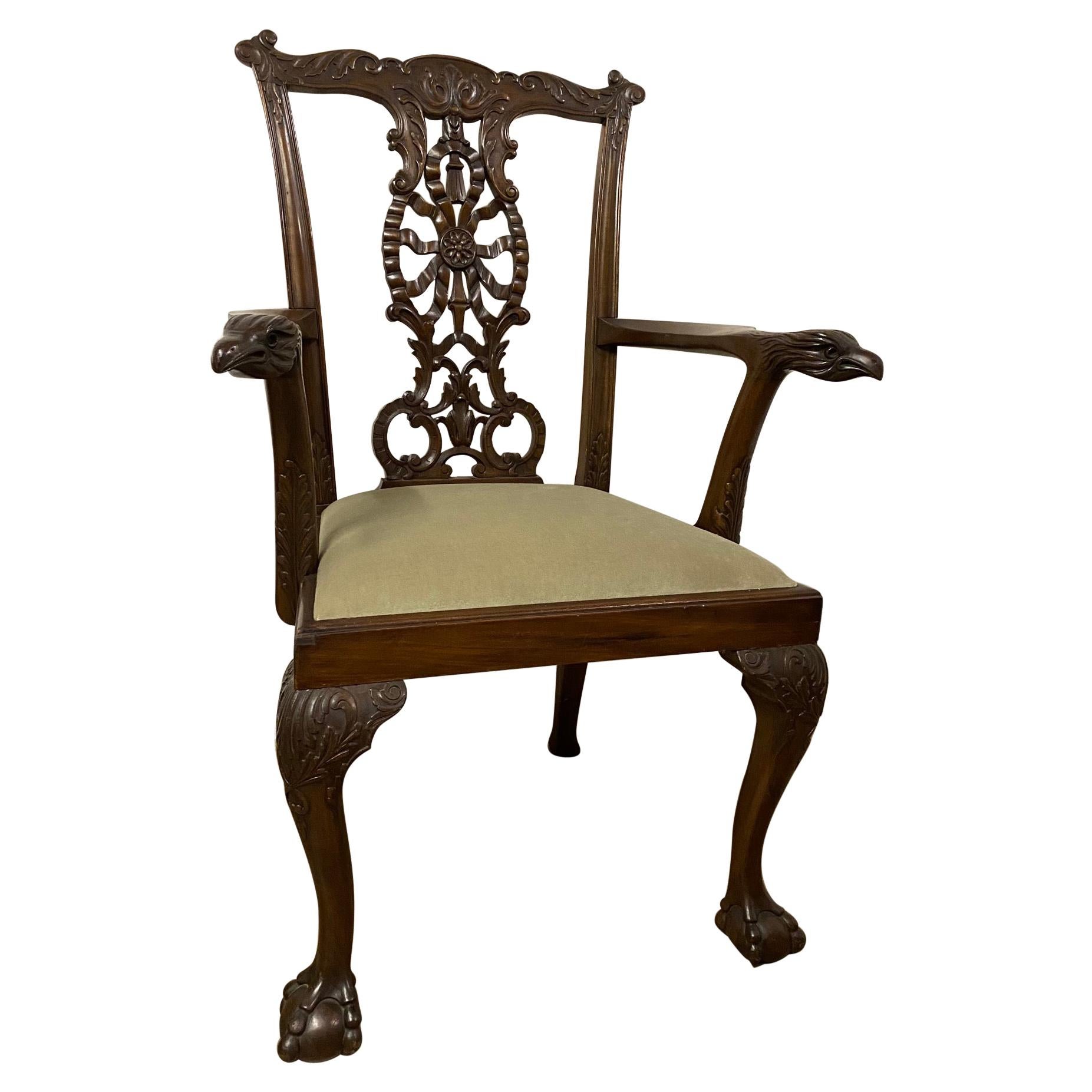 Chippendale Style Hand Carved Armchair, circa 1900 For Sale
