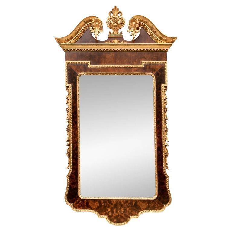 Espejo Italiano Estilo Chippendale Nogal Burl y Madera Dorada Atribuido A Labarge