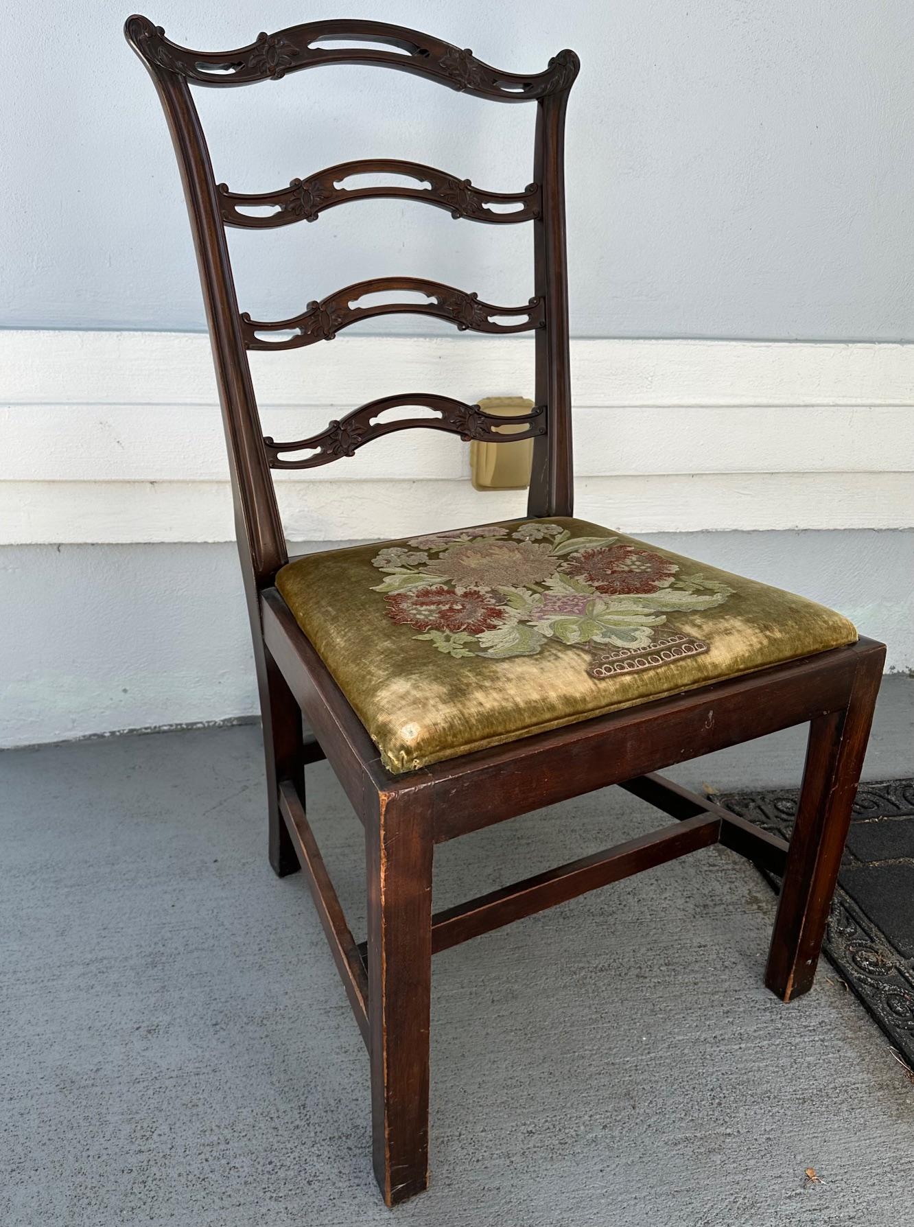 Chippendale Style Ladder Ribbon Back Embroidered Seat Side Chair For Sale 4