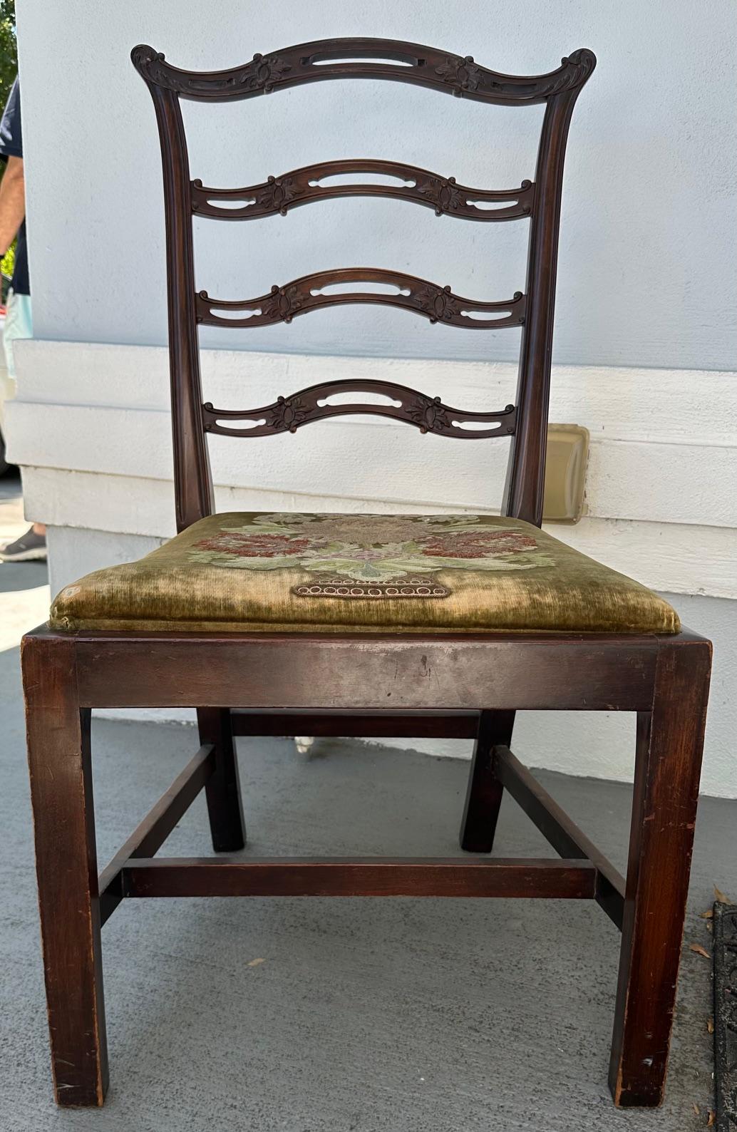 Chippendale Style Ladder Ribbon Back Embroidered Seat Side Chair For Sale 5