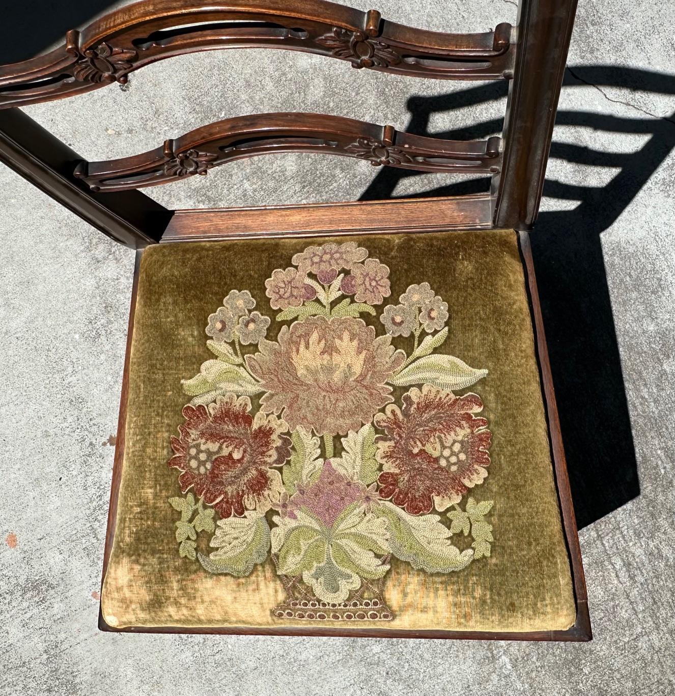 English Chippendale Style Ladder Ribbon Back Embroidered Seat Side Chair For Sale