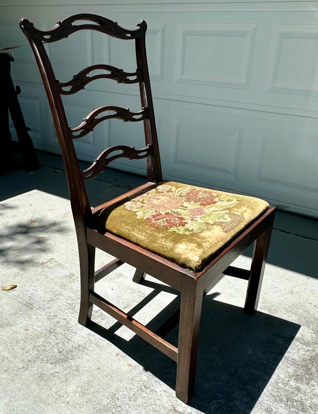 Mahogany Chippendale Style Ladder Ribbon Back Embroidered Seat Side Chair For Sale