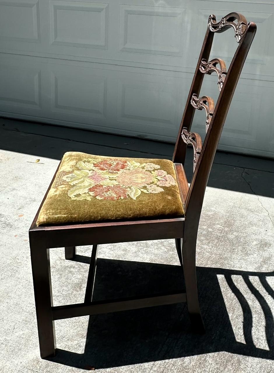 Chippendale Style Ladder Ribbon Back Embroidered Seat Side Chair For Sale 1