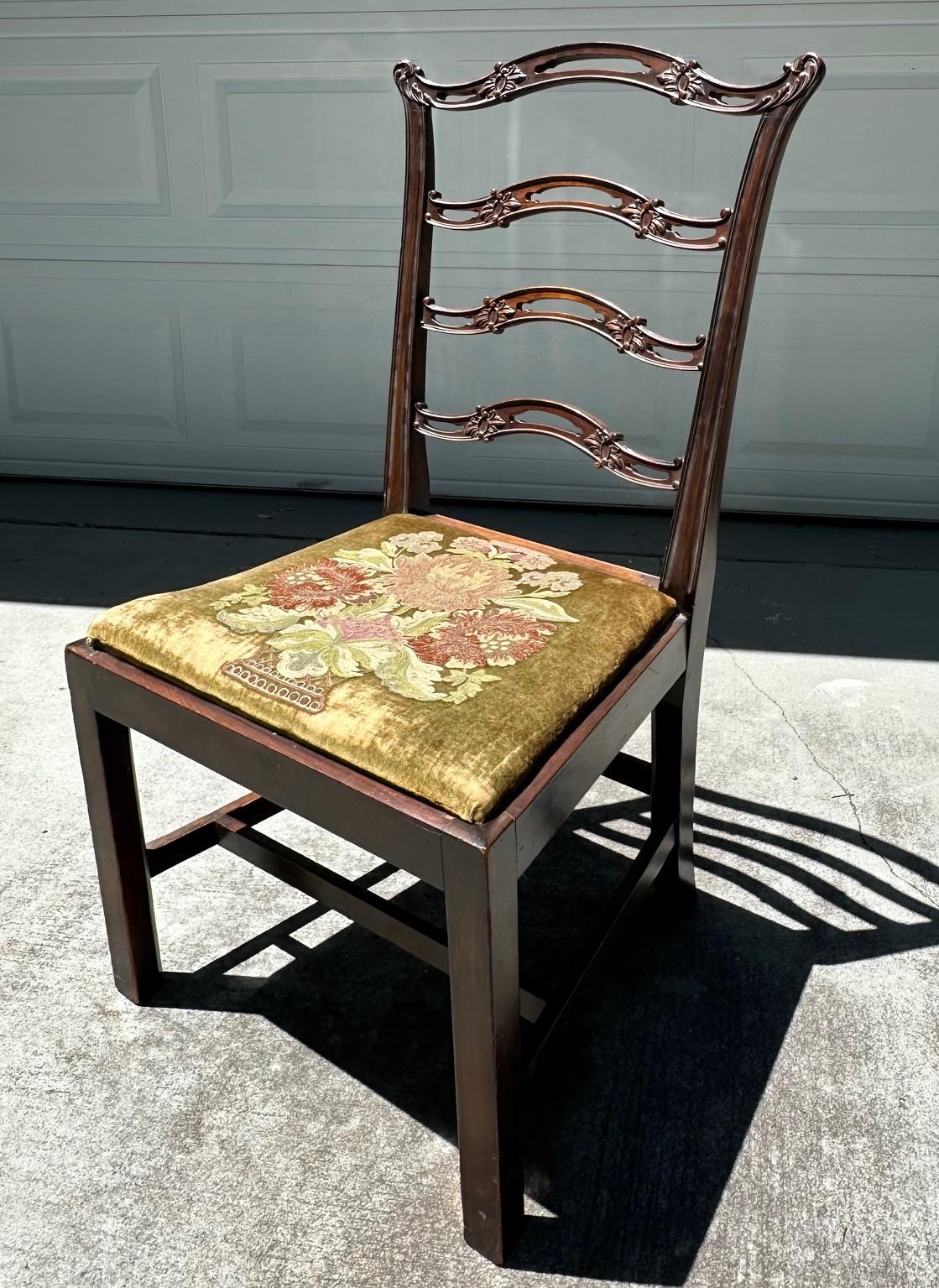 Chippendale Style Ladder Ribbon Back Embroidered Seat Side Chair For Sale 1