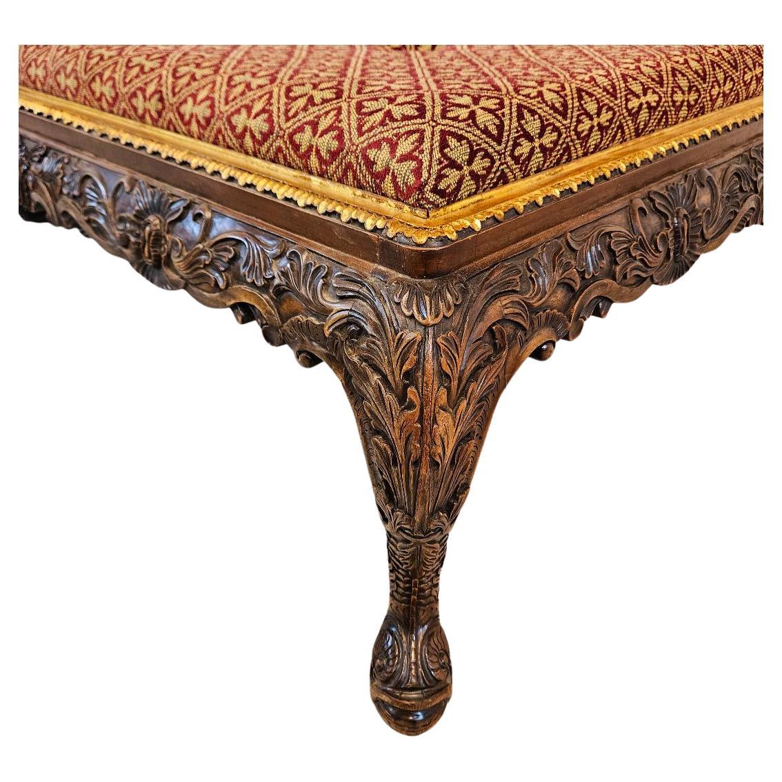 Chippendale Style Large Carved Upholstered Cocktail Ottoman.  A fine example of a large carved mahogany ottoman with traditional upholstered surface.  Very useful as an ottoman to put your feet up or as a cocktail ottoman, coffee table or the centre