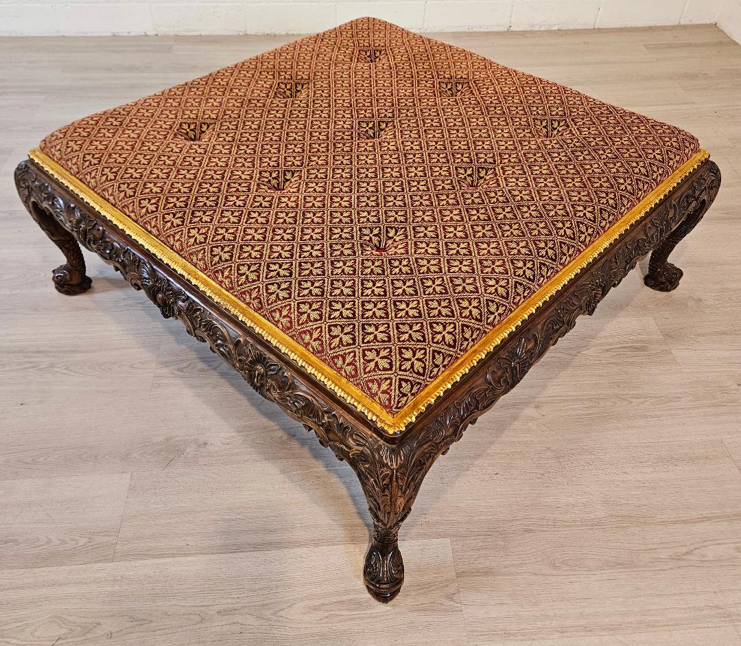Indonesian Chippendale Style Large Carved Upholstered Cocktail Ottoman For Sale