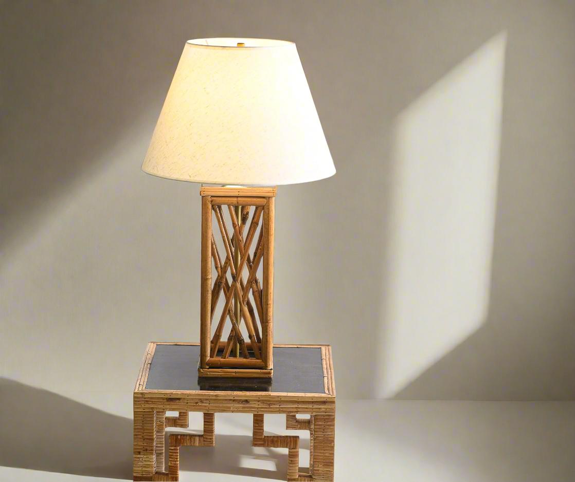 Hand-Crafted Chippendale Style Lattice Rattan Bamboo Table Lamp For Sale