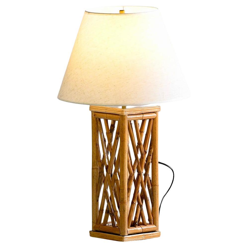 Chippendale Style Lattice Rattan Bamboo Table Lamp For Sale