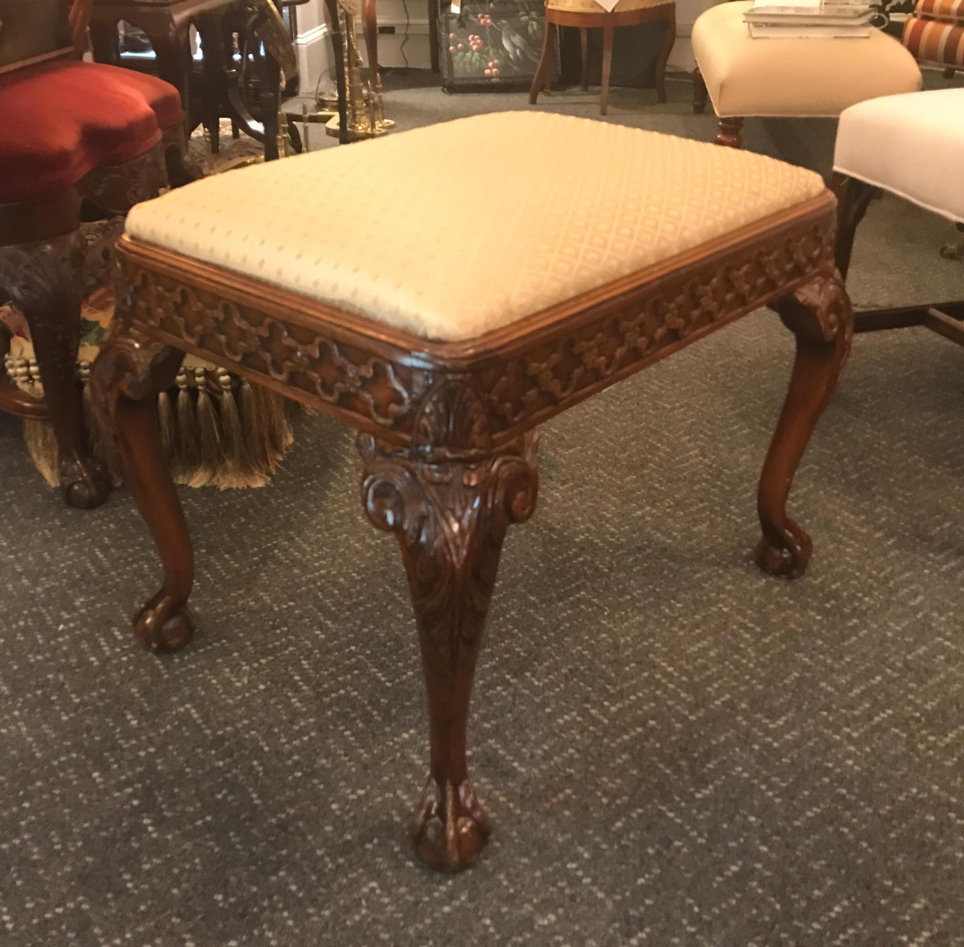 Hand-Carved Chippendale Style Mahogany Bench