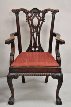 Chippendale Style Mahogany Carved Ball and Claw Dining Arm Chairs - a Pair