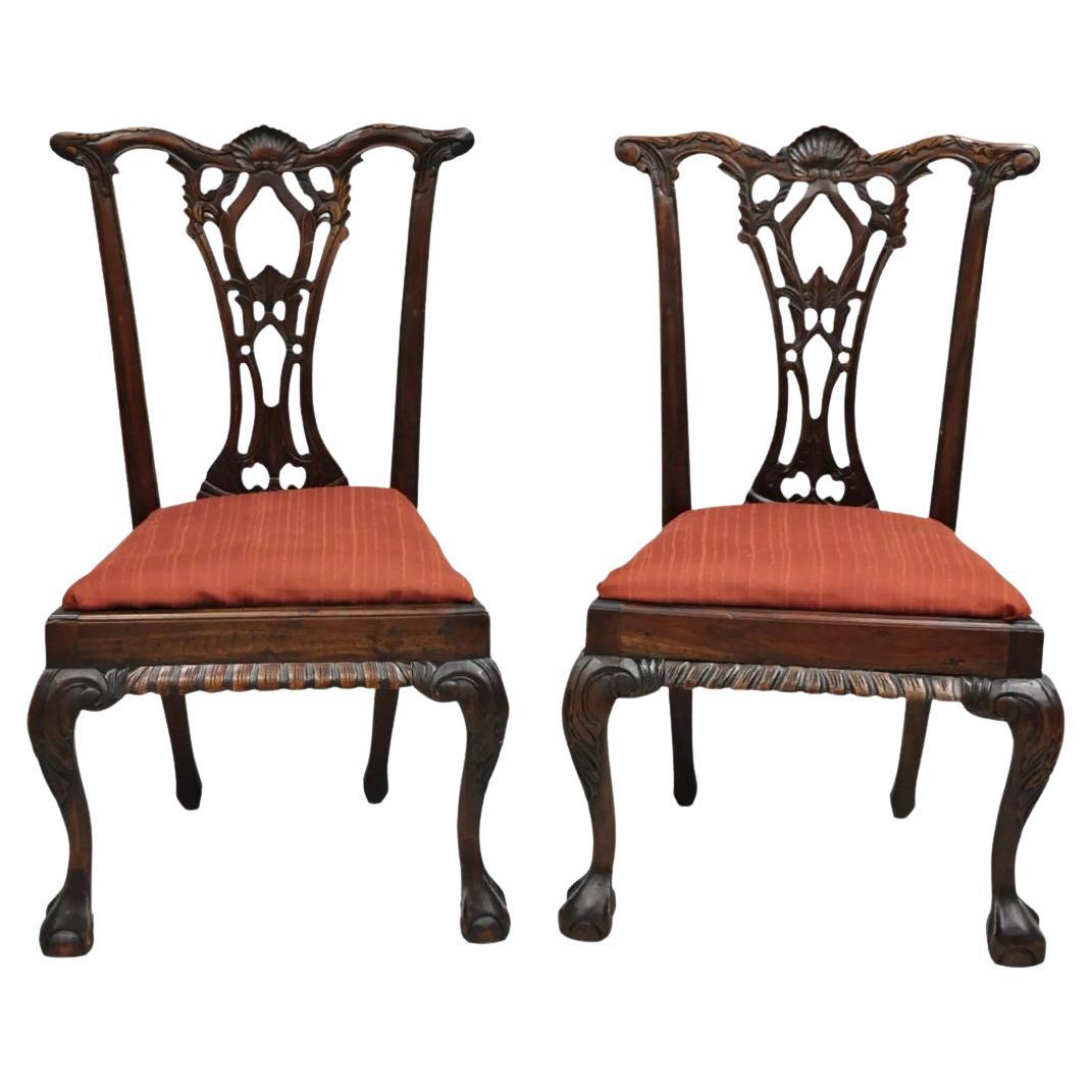 Chippendale Style Mahogany Carved Ball and Claw Dining Side Chairs - a Pair