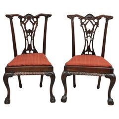 Chippendale Style Mahogany Carved Ball and Claw Dining Side Chairs - a Pair
