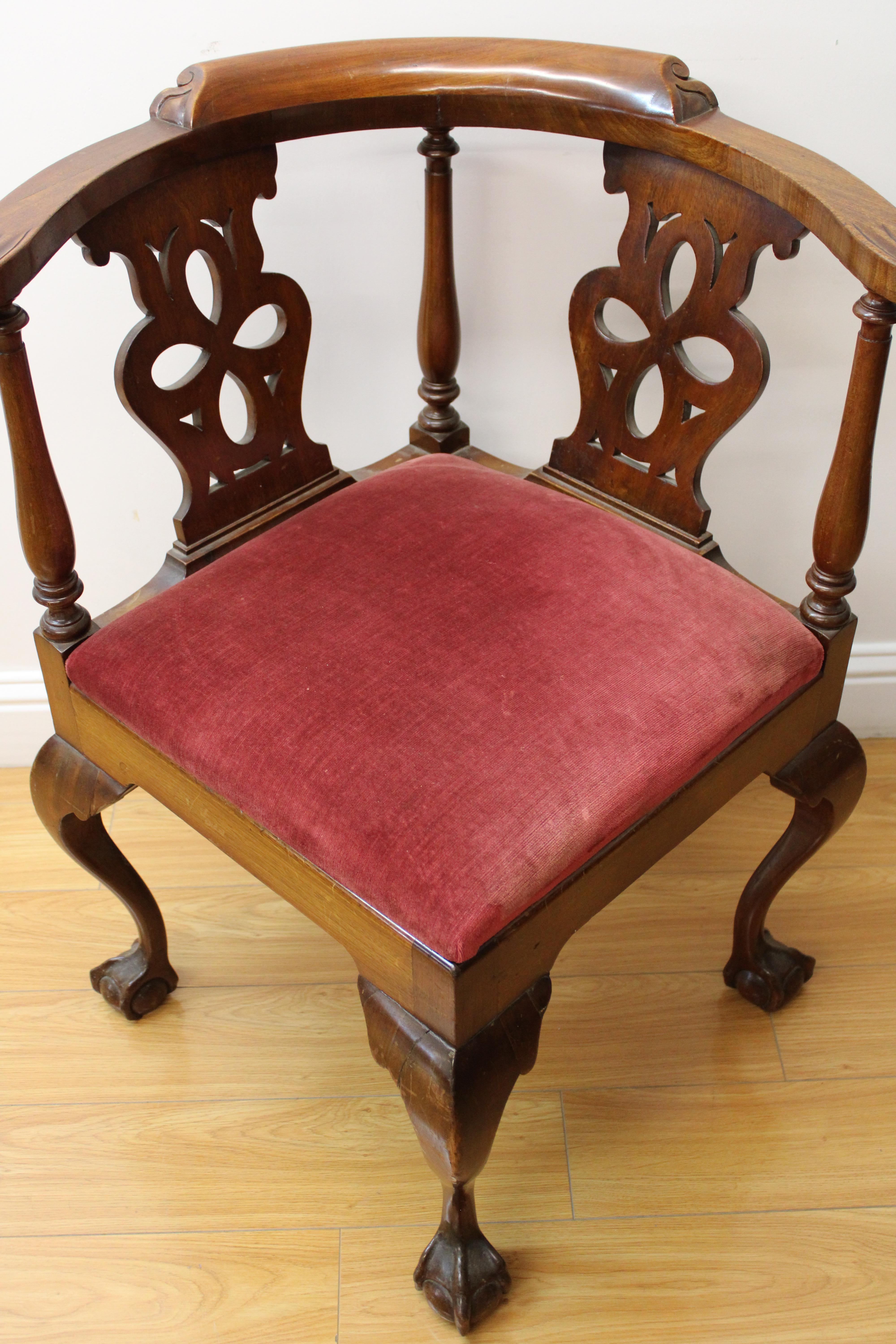 C. Late 18th century - early 19th century

Chippendale style Mohagany Corner chair w/ ball & claw feet (red velvet seat).
