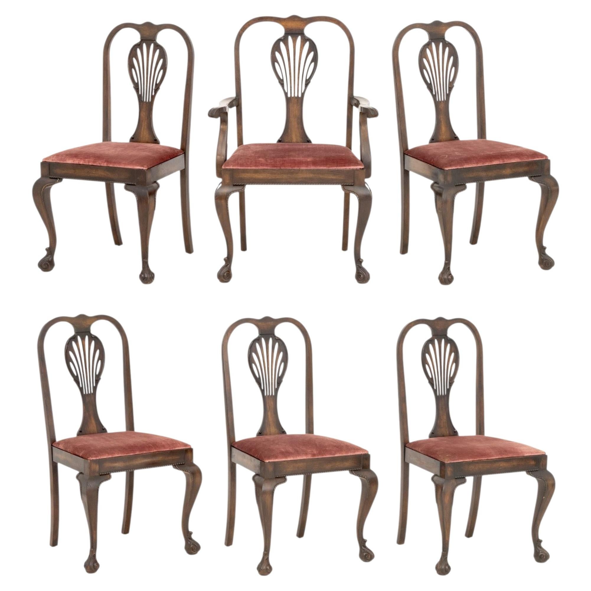 Set of Six Chippendale Style Mahogany Dining Chairs, Velvet Upholstery For Sale