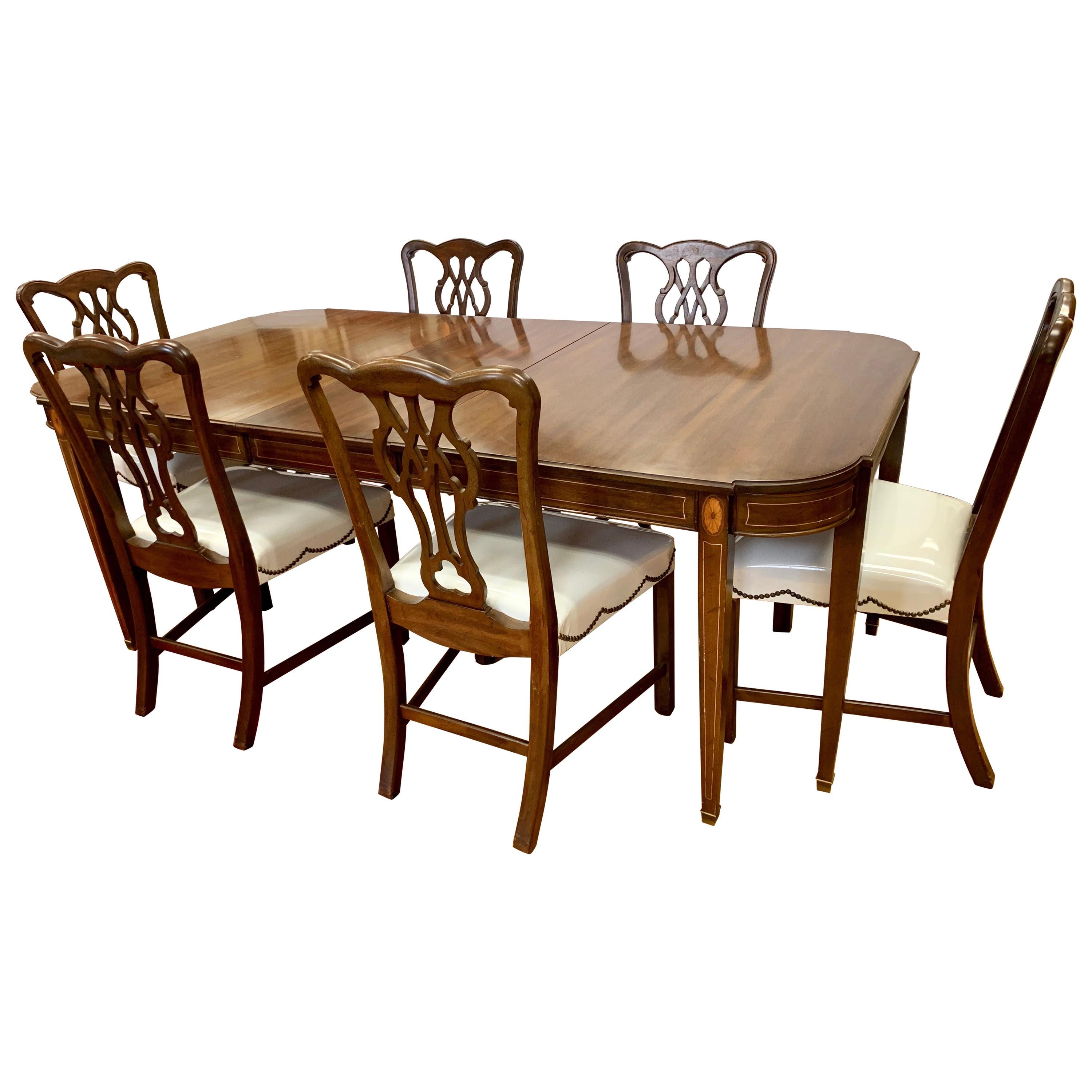 Chippendale Style Mahogany Inlay 7 Pieces Dining Set, Table 6 Chairs