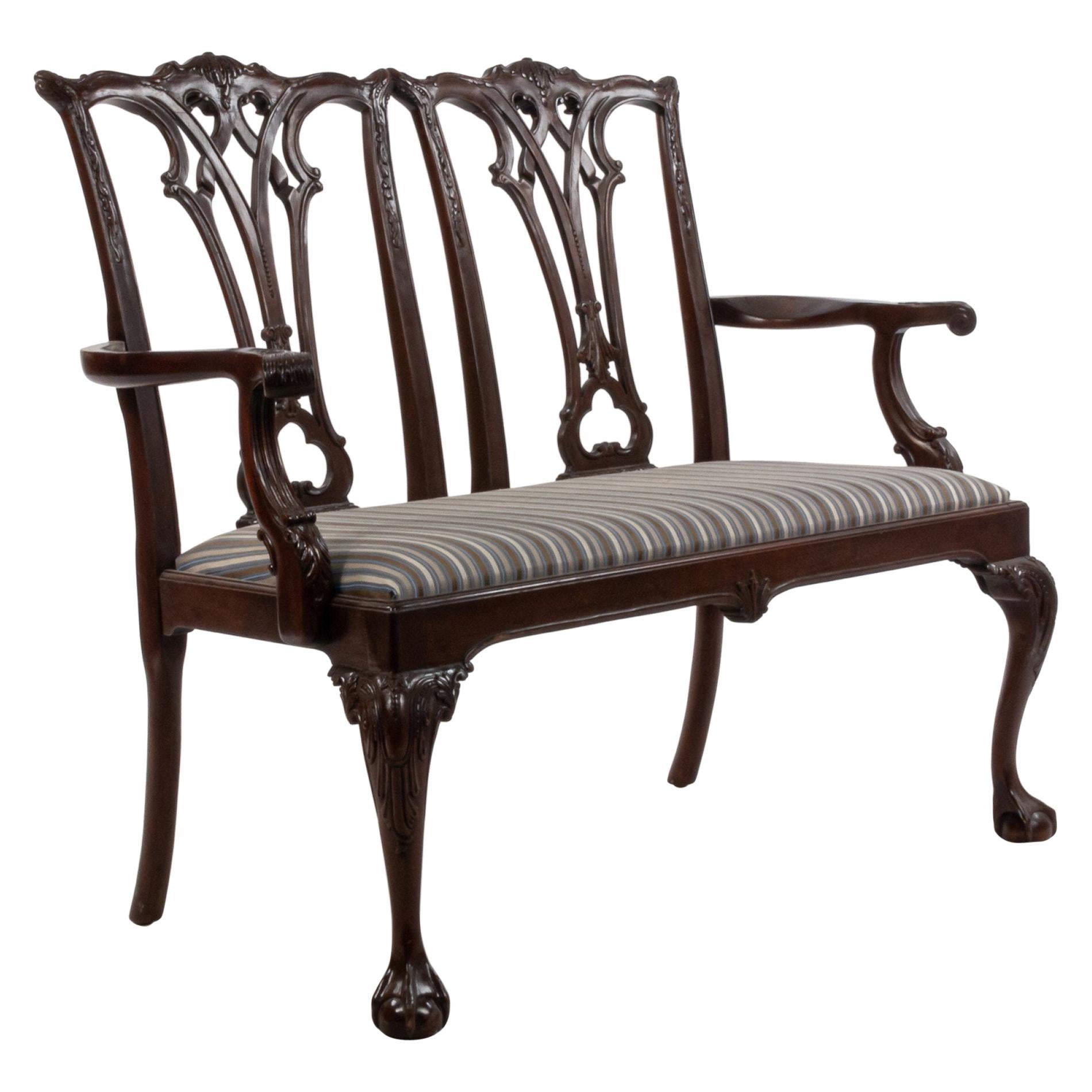 Chippendale Style Mahogany Loveseat with Striped Upholstery For Sale