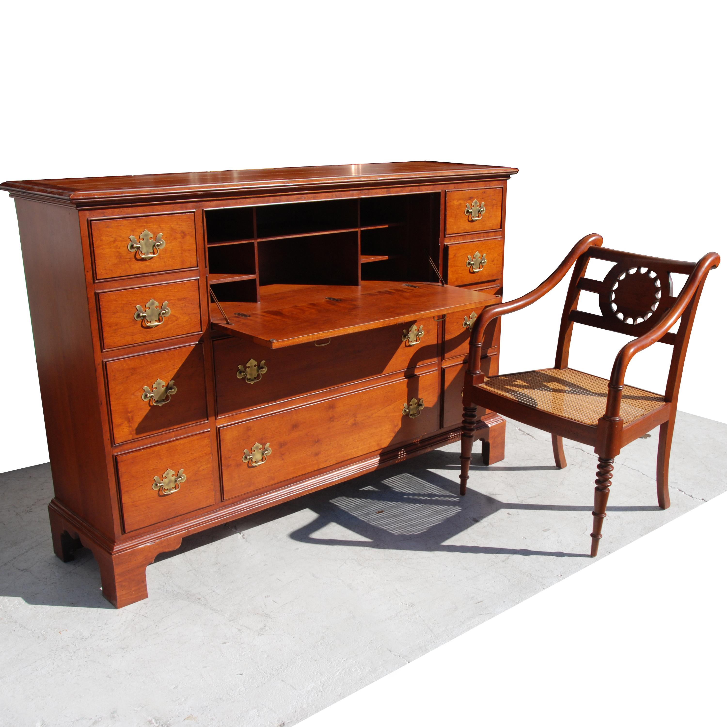 Burl Chippendale Style Mahogany Secretary Desk by Baker For Sale