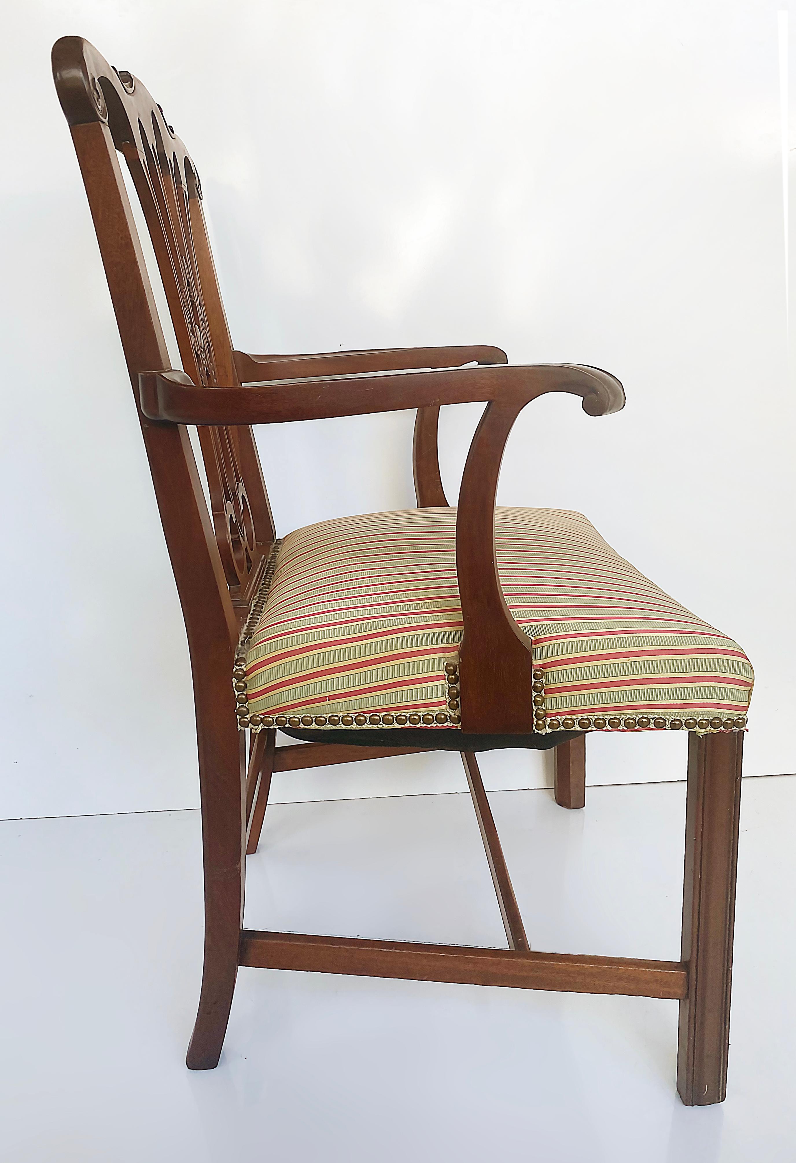 American Chippendale Style Mahogany Slat Back Armchair with Upholstered Seat Cushion For Sale