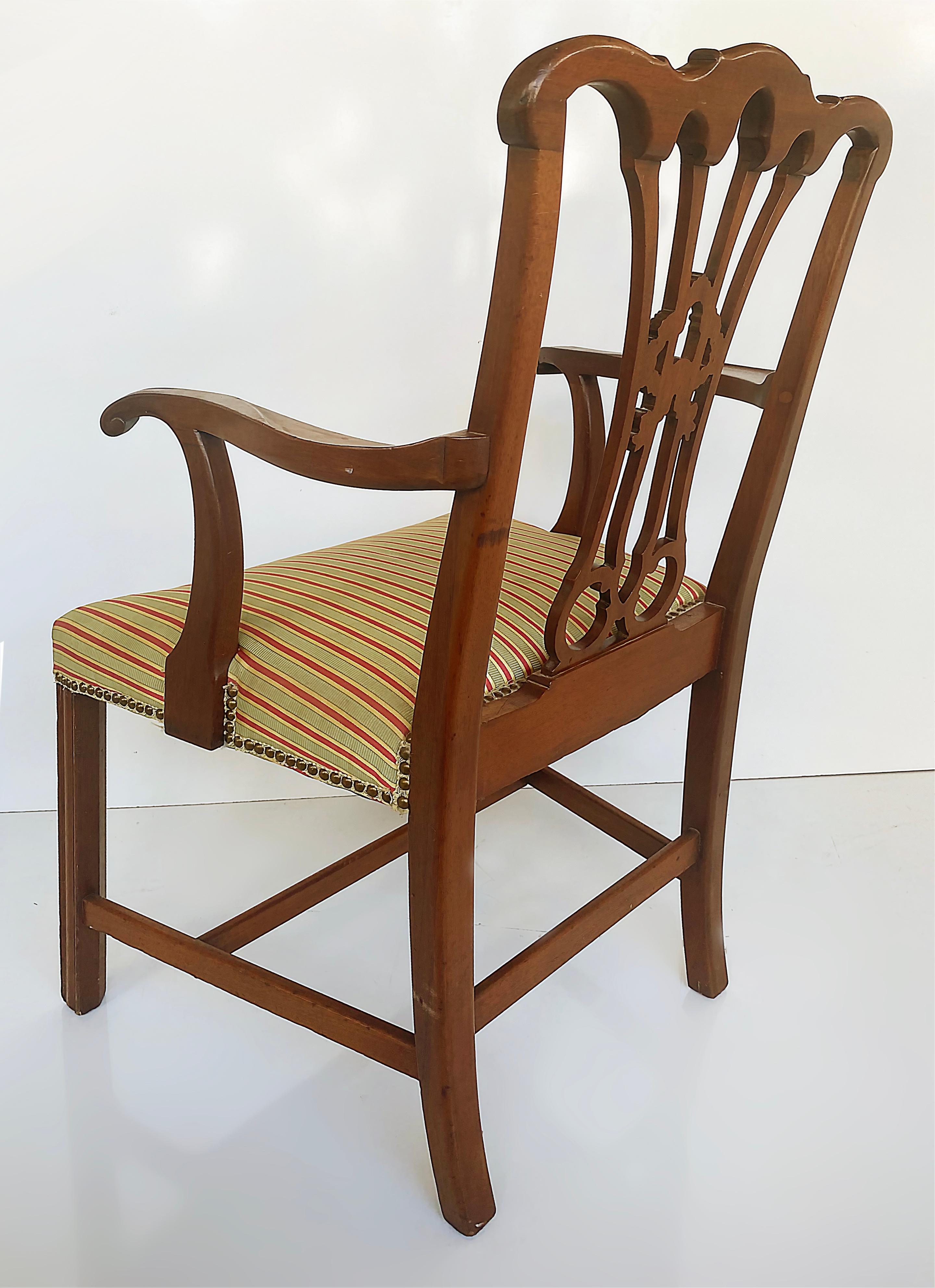Metal Chippendale Style Mahogany Slat Back Armchair with Upholstered Seat Cushion For Sale