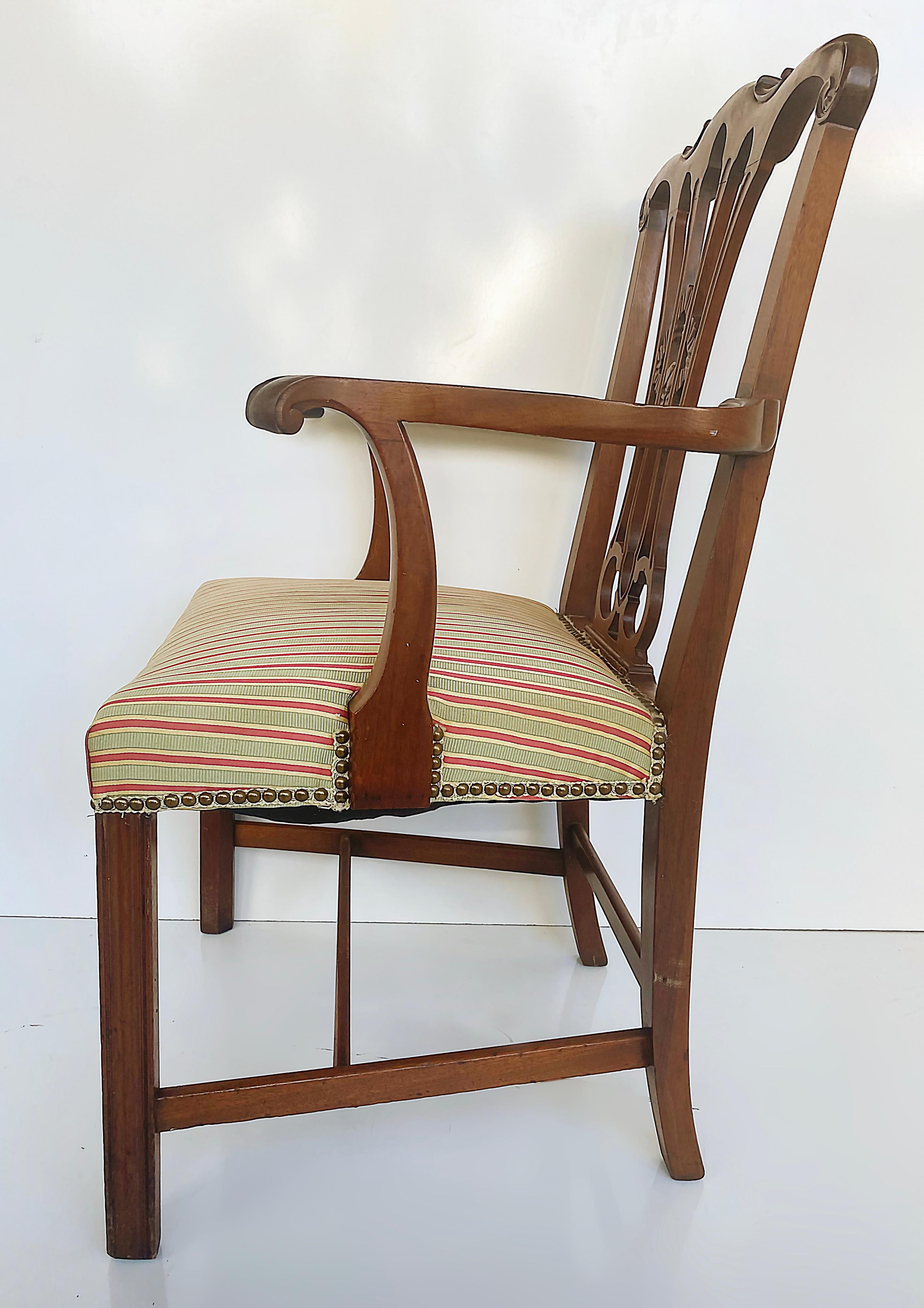 Chippendale Style Mahogany Slat Back Armchair with Upholstered Seat Cushion For Sale 1