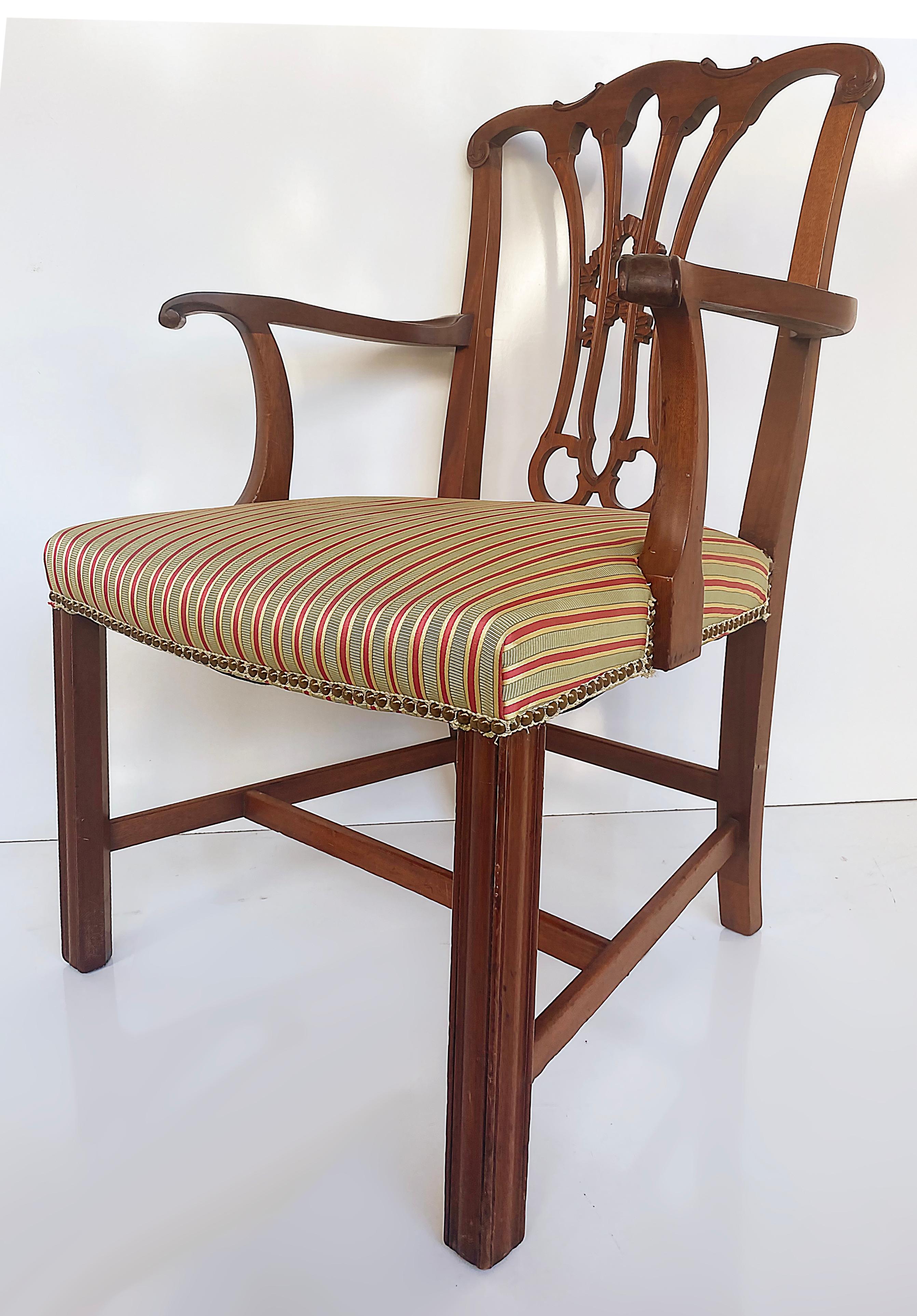 Chippendale Style Mahogany Slat Back Armchair with Upholstered Seat Cushion For Sale 2