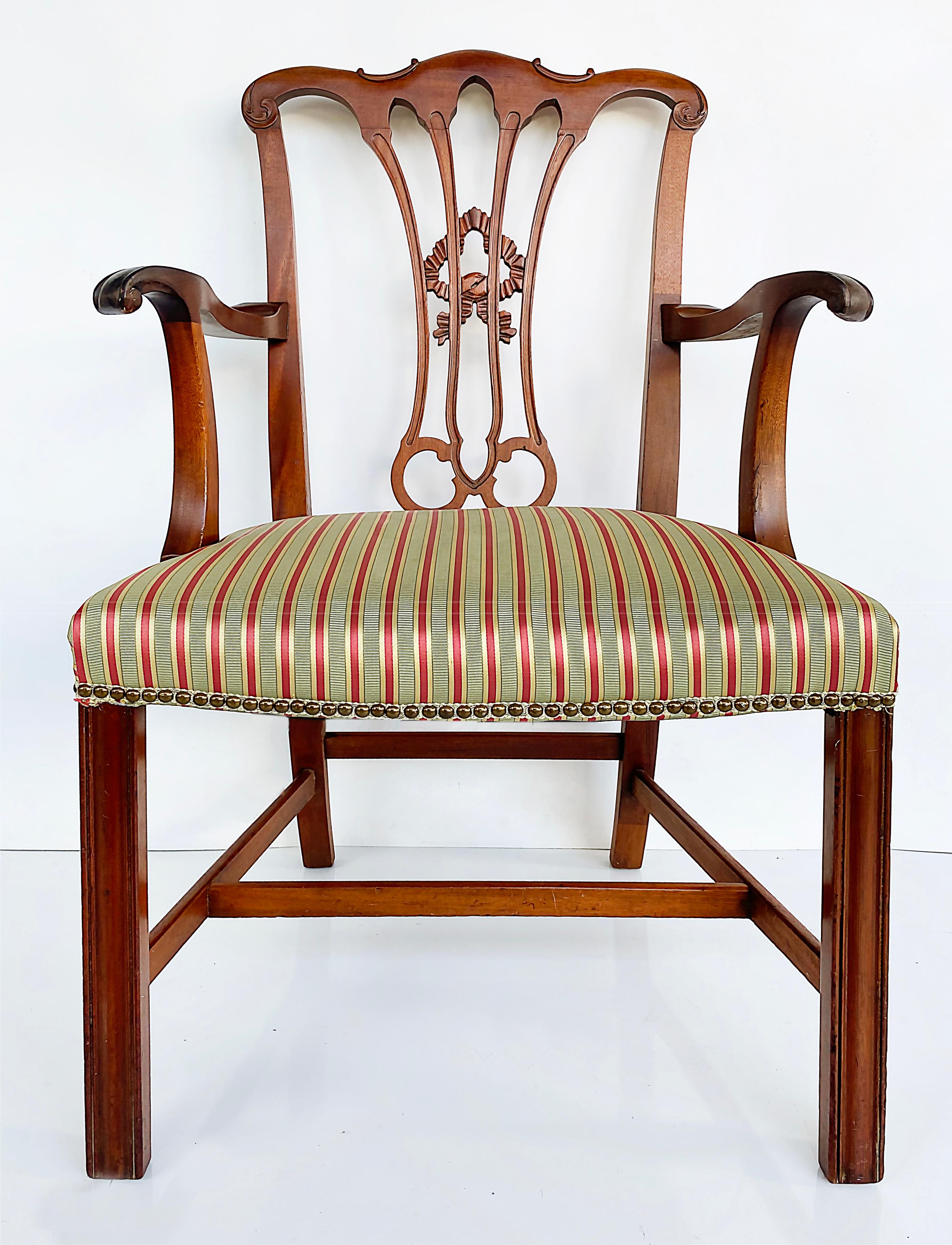 Chippendale Style Mahogany Slat Back Armchair with Upholstered Seat Cushion For Sale 3
