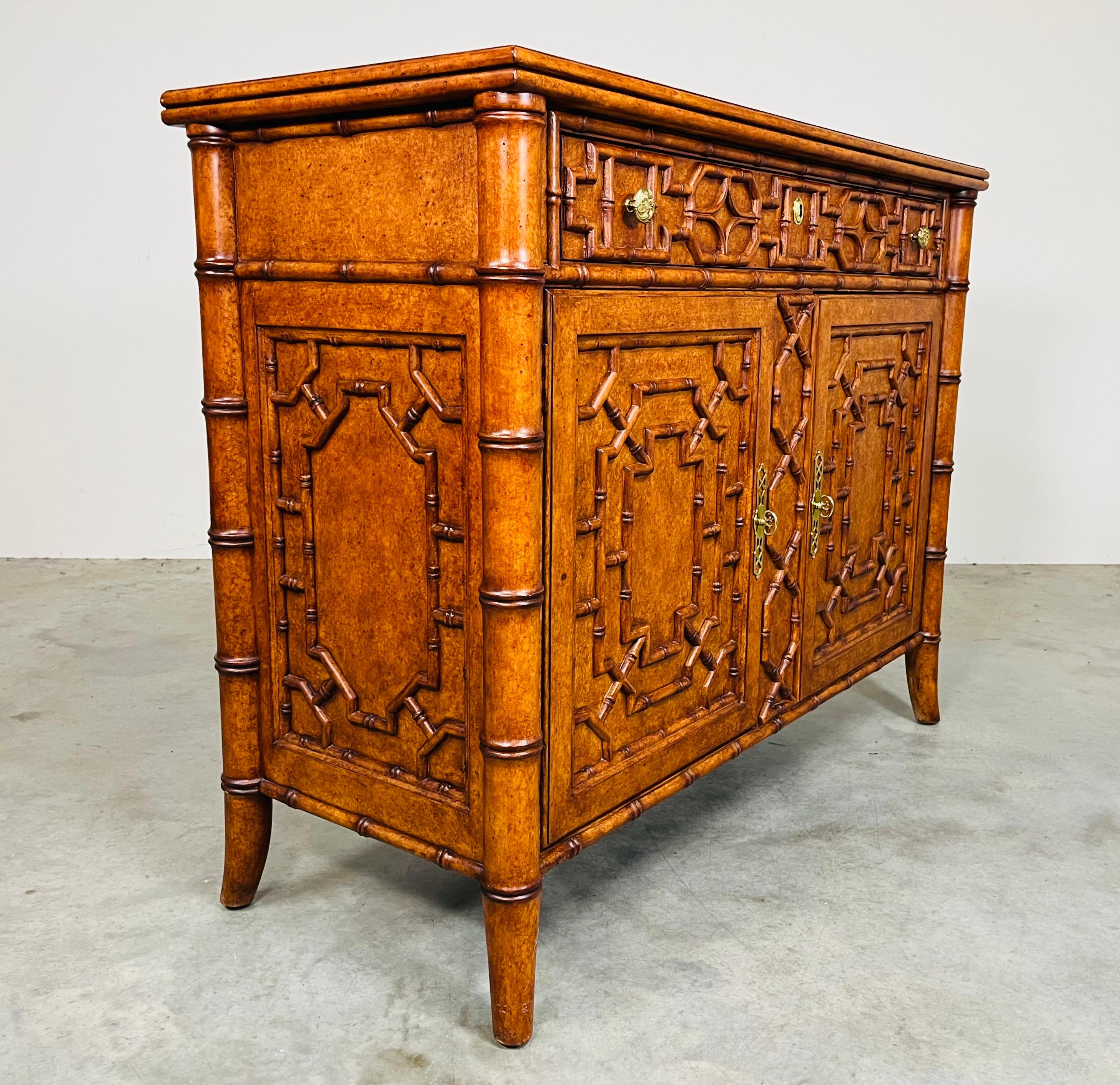 Hand-Carved Chippendale Style Maitland Smith Faux Bamboo Buffet-Server For Sale