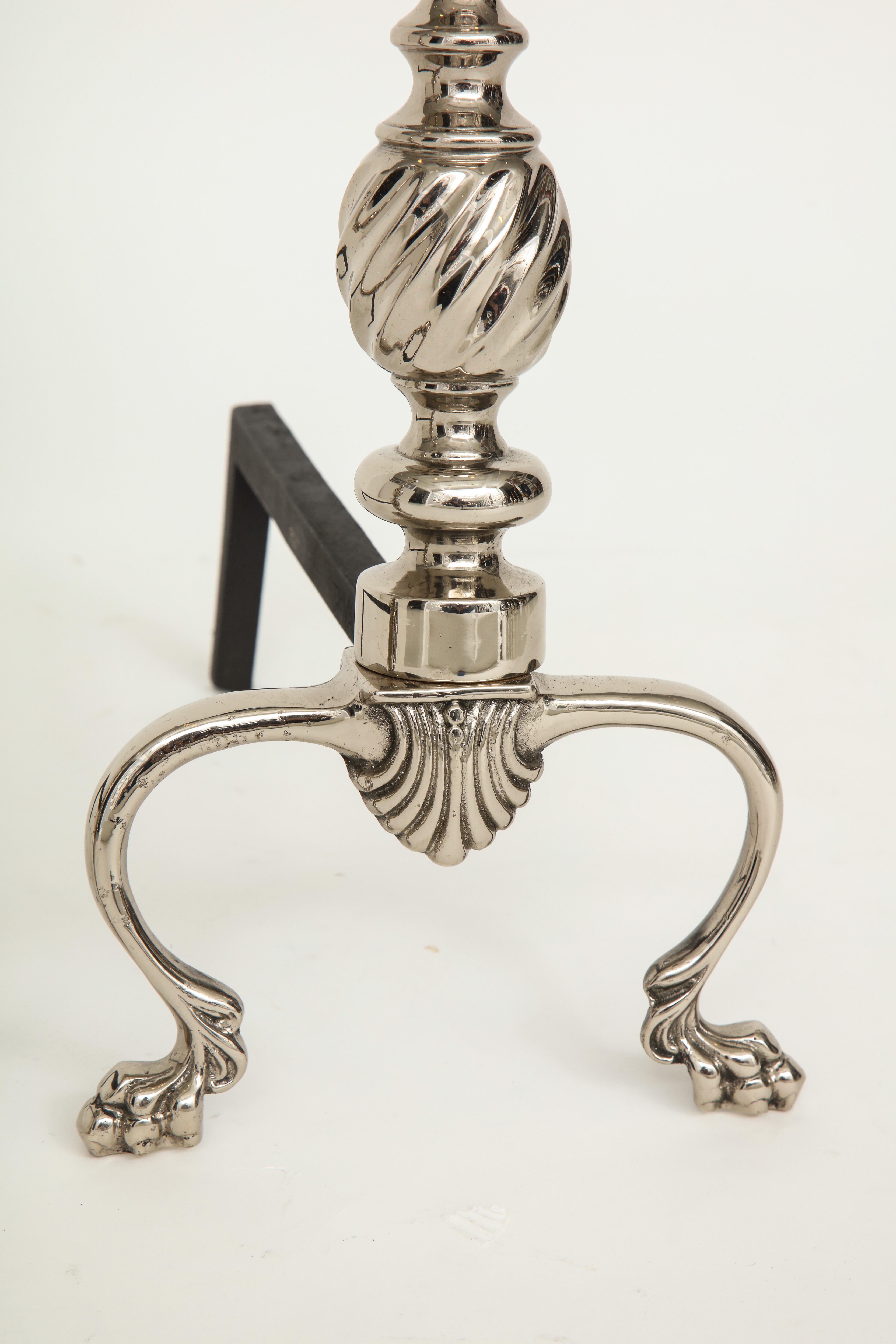 Chippendale Style Nickel Andirons In Excellent Condition In New York, NY