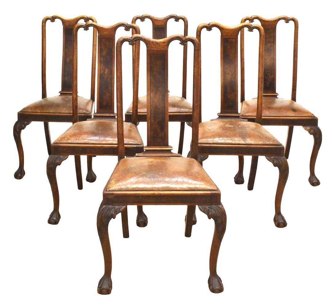Chippendale Style Oak & Burlwood Leather Seats Dining Chairs, Set of 6 For Sale 4