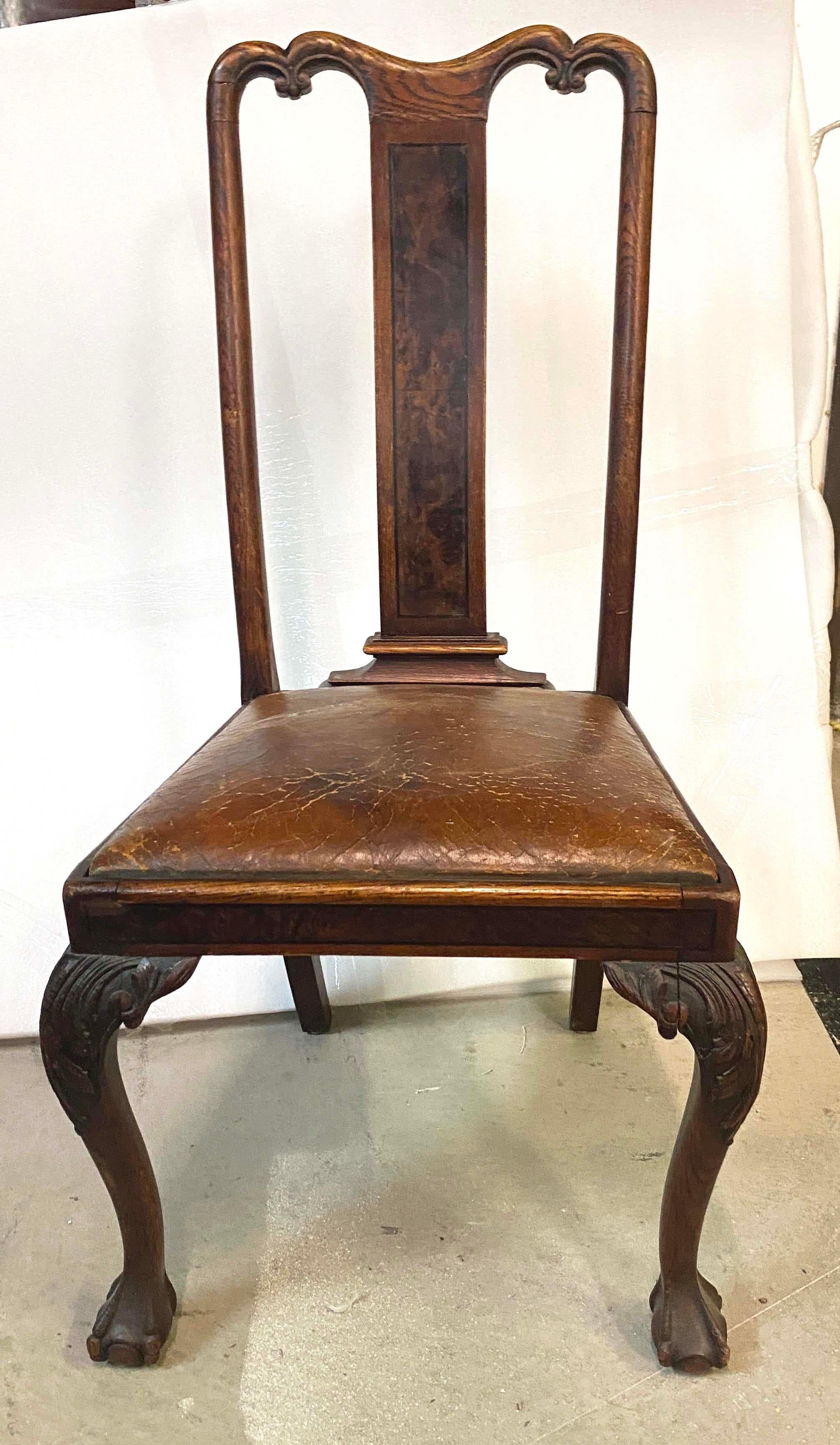 British Chippendale Style Oak & Burlwood Leather Seats Dining Chairs, Set of 6 For Sale