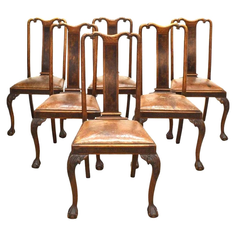 Chippendale Style Oak 
Burlwood Leather Seats Dining Chairs, Set of 6