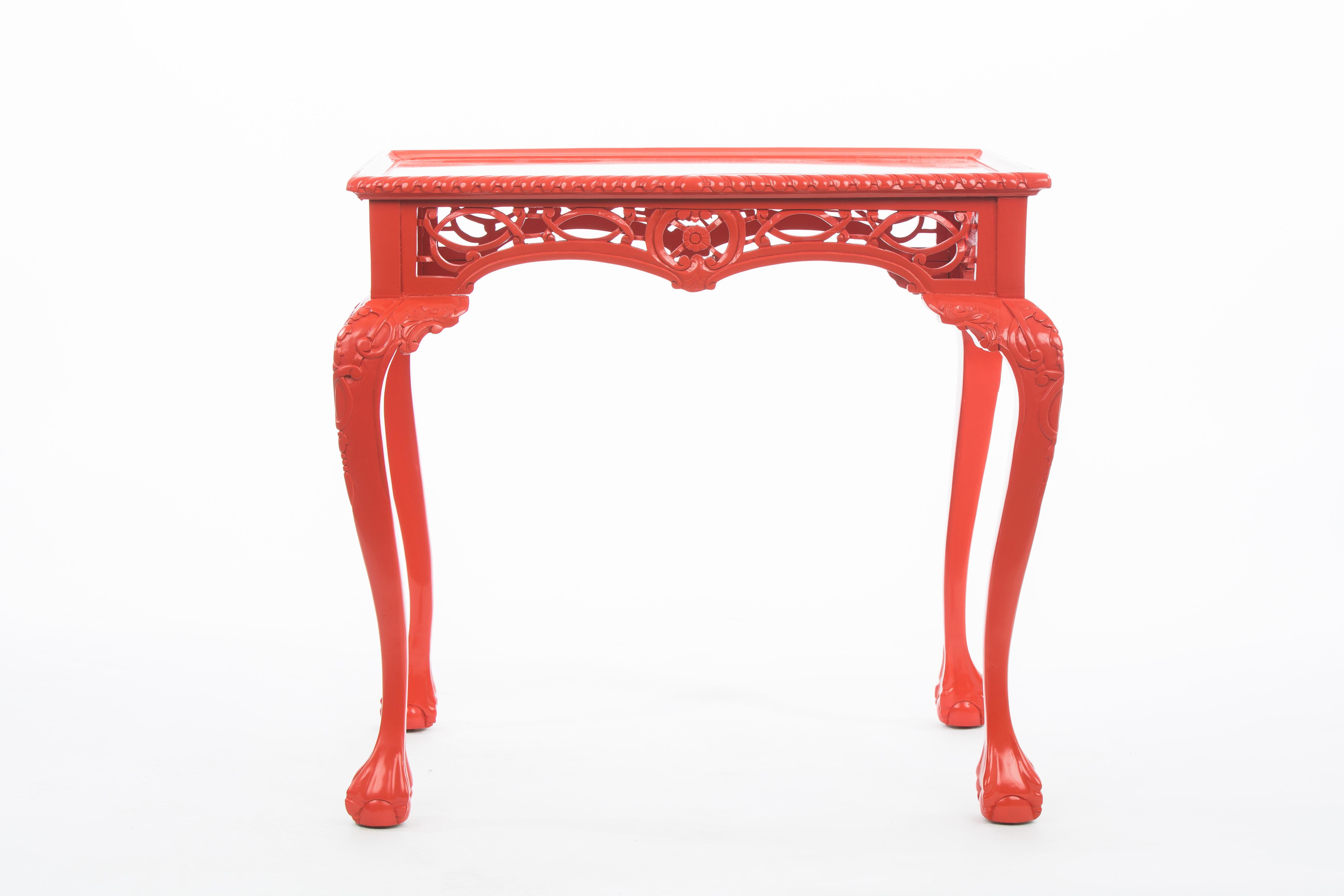 Chippendale style, open fret work, lacquered occasional table, circa late 20th century.