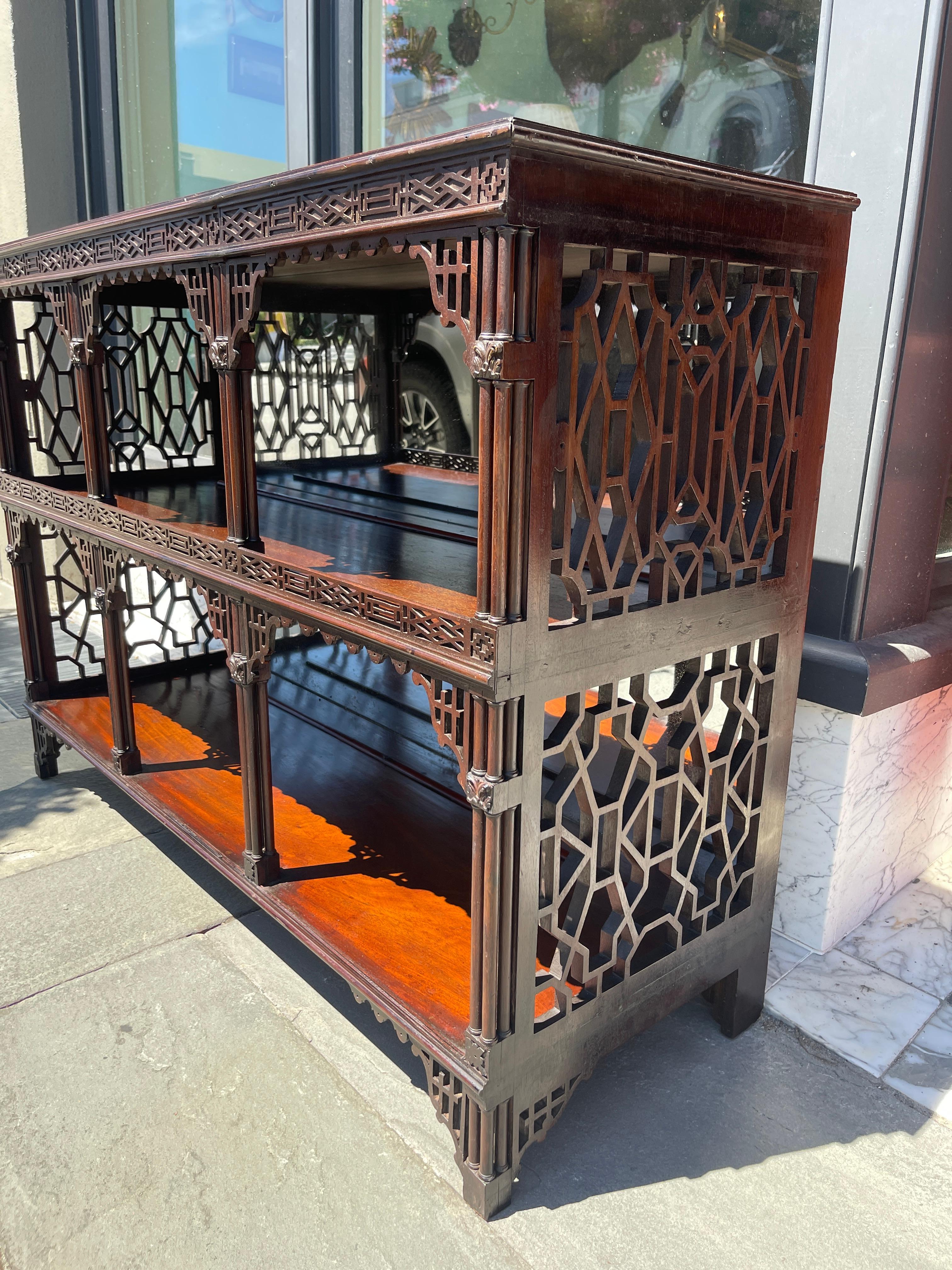 English Chippendale style pierced fret work mahogany display cabinet For Sale
