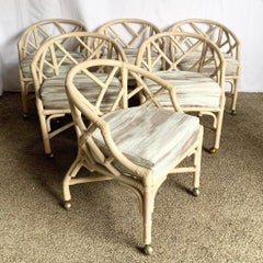Chippendale Style Rattan Dining Arm Chairs on Caster by Ficks Reed - Set of 6
