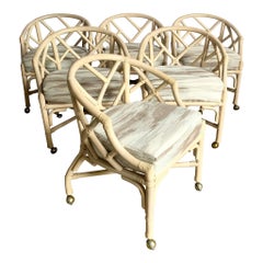 Chippendale Style Rattan Dining Arm Chairs on Caster by Ficks Reed - Set of 6