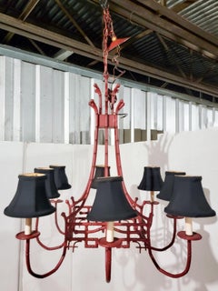 Pagoda-Kronleuchter im Chippendale-Stil mit roter Zinnfarbe und Kunstbambus, 8 Arme