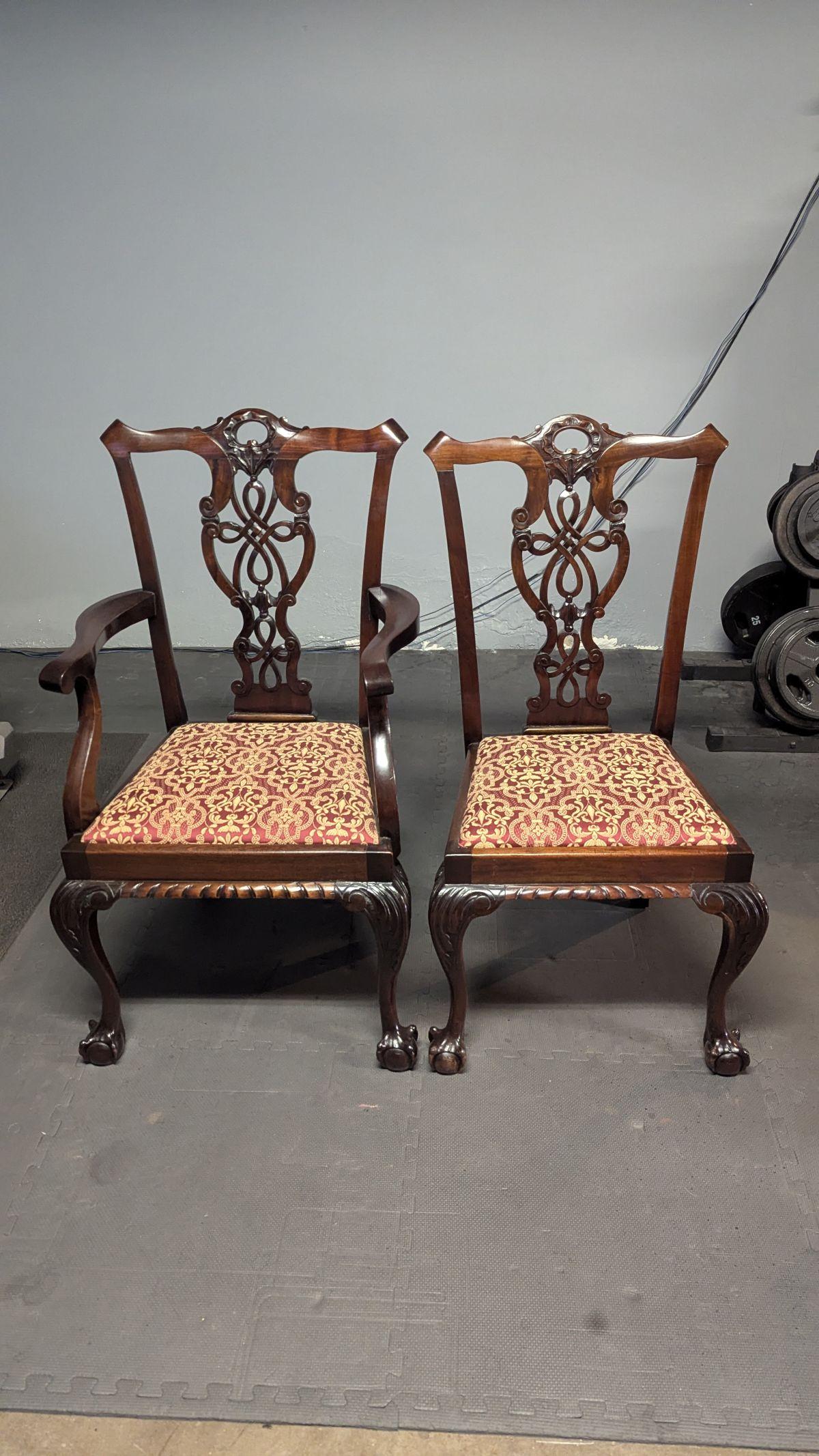 Nicely made Chippendale chairs, two arm chairs and two dining chairs, with detailed carvings and fabric seats, from the 40s to 60s .  The arm chairs are 24