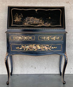 Chippendale Style Slant Top Desk in Black Lacquered Wood, circa 1900