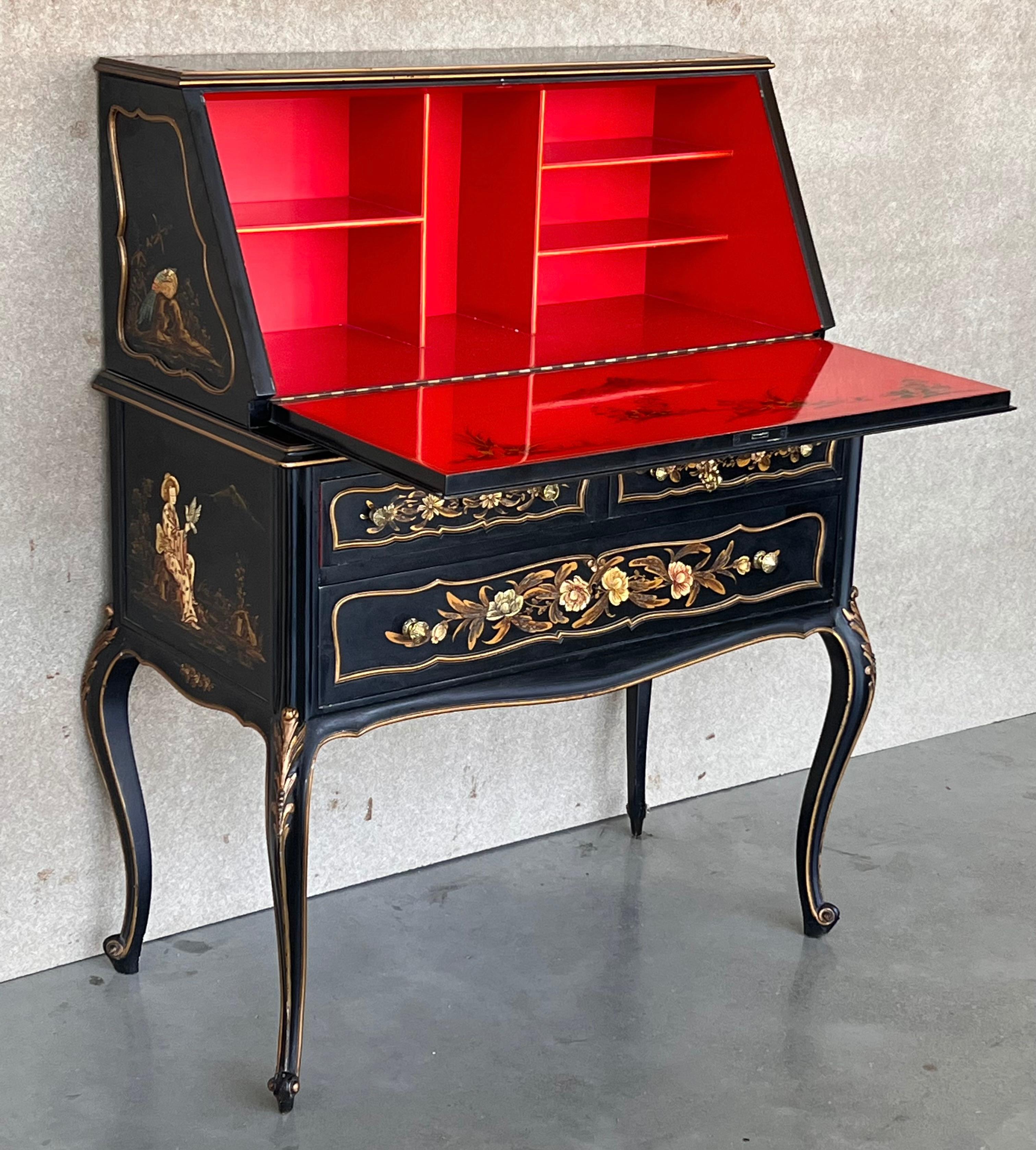 20th Century Chippendale Style Slant Top Desk in Black Lacquered Wood, circa 1900 For Sale