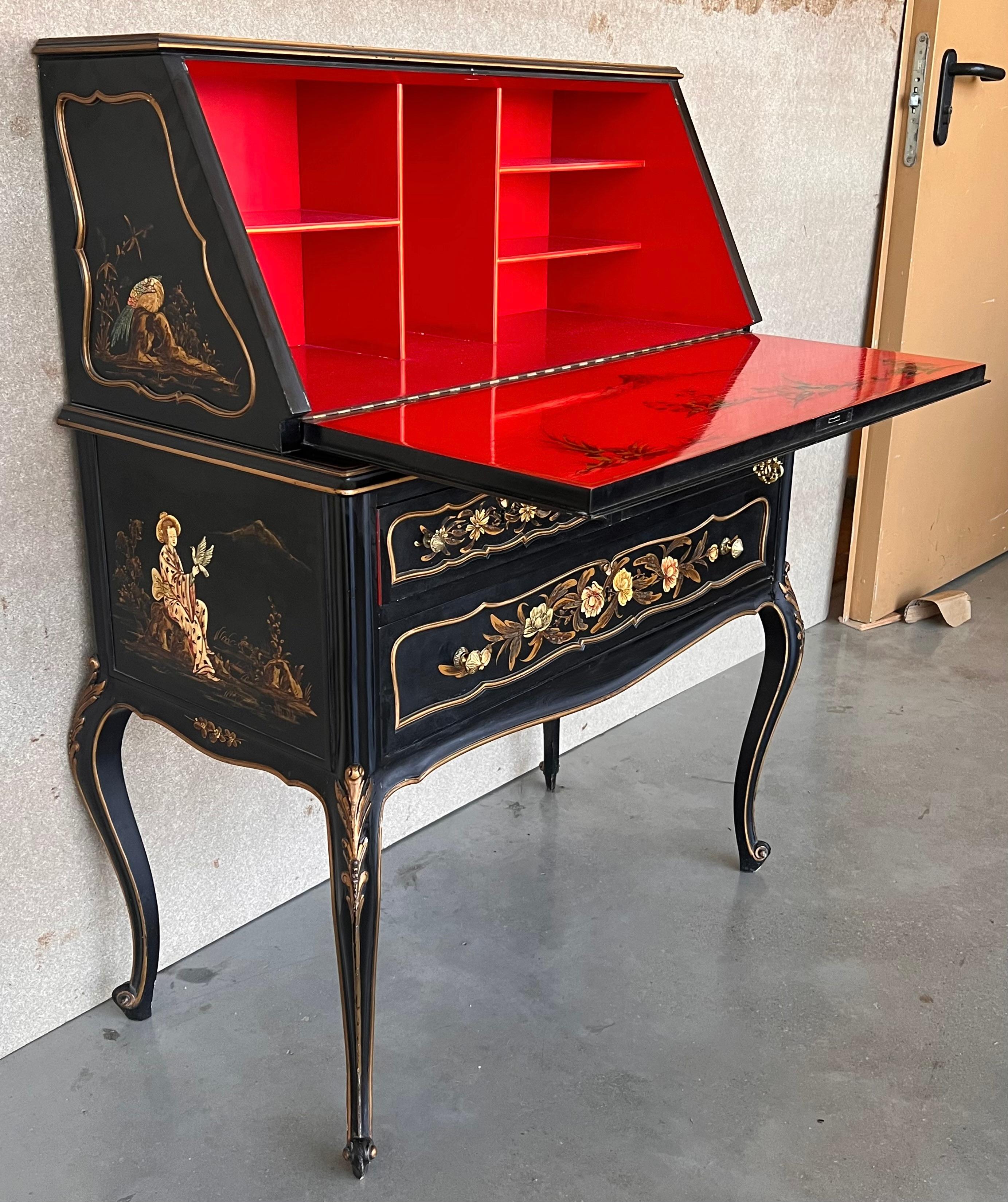 Chippendale Style Slant Top Desk in Black Lacquered Wood, circa 1900 For Sale 2