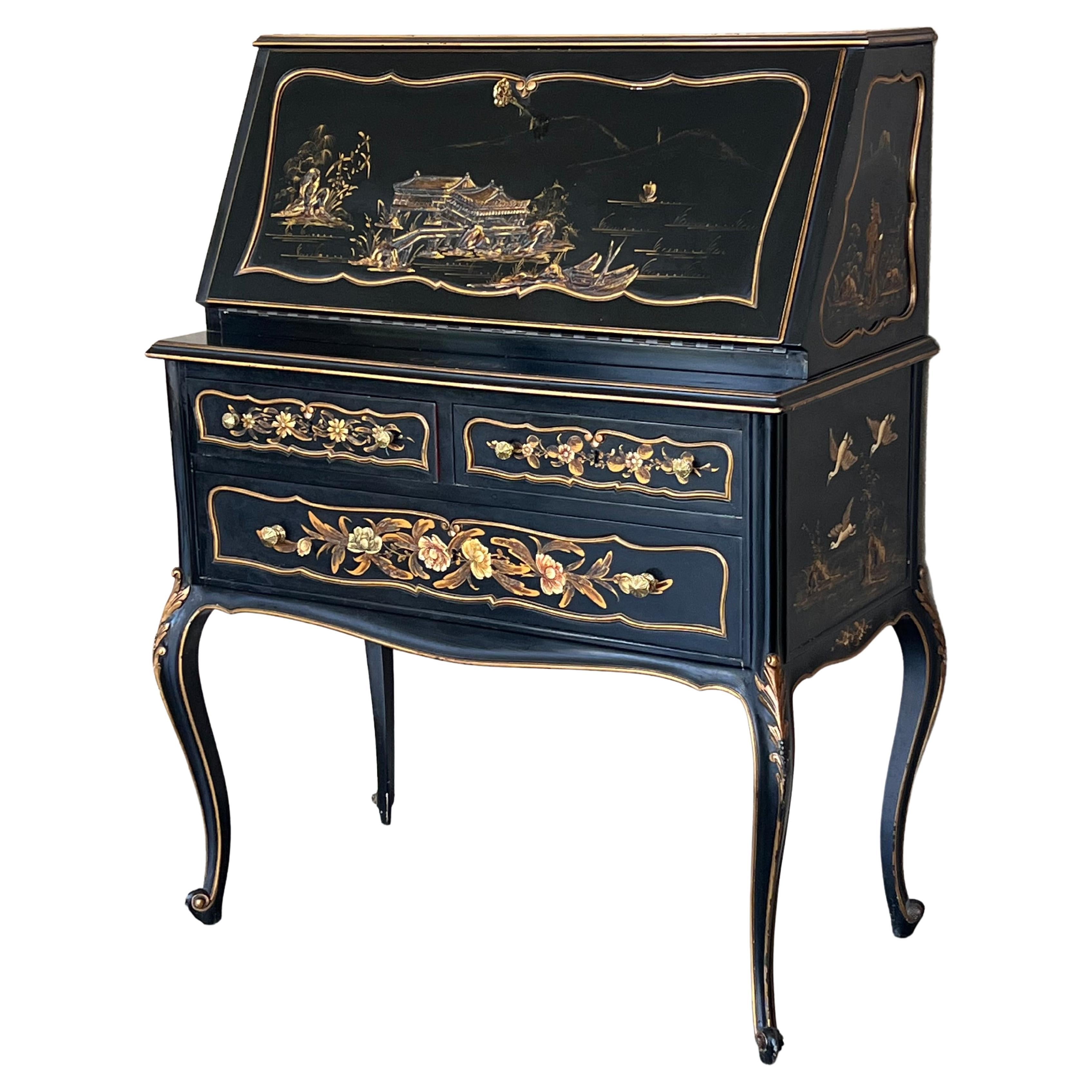 Chippendale Style Slant Top Desk in Black Lacquered Wood, circa 1900 For Sale