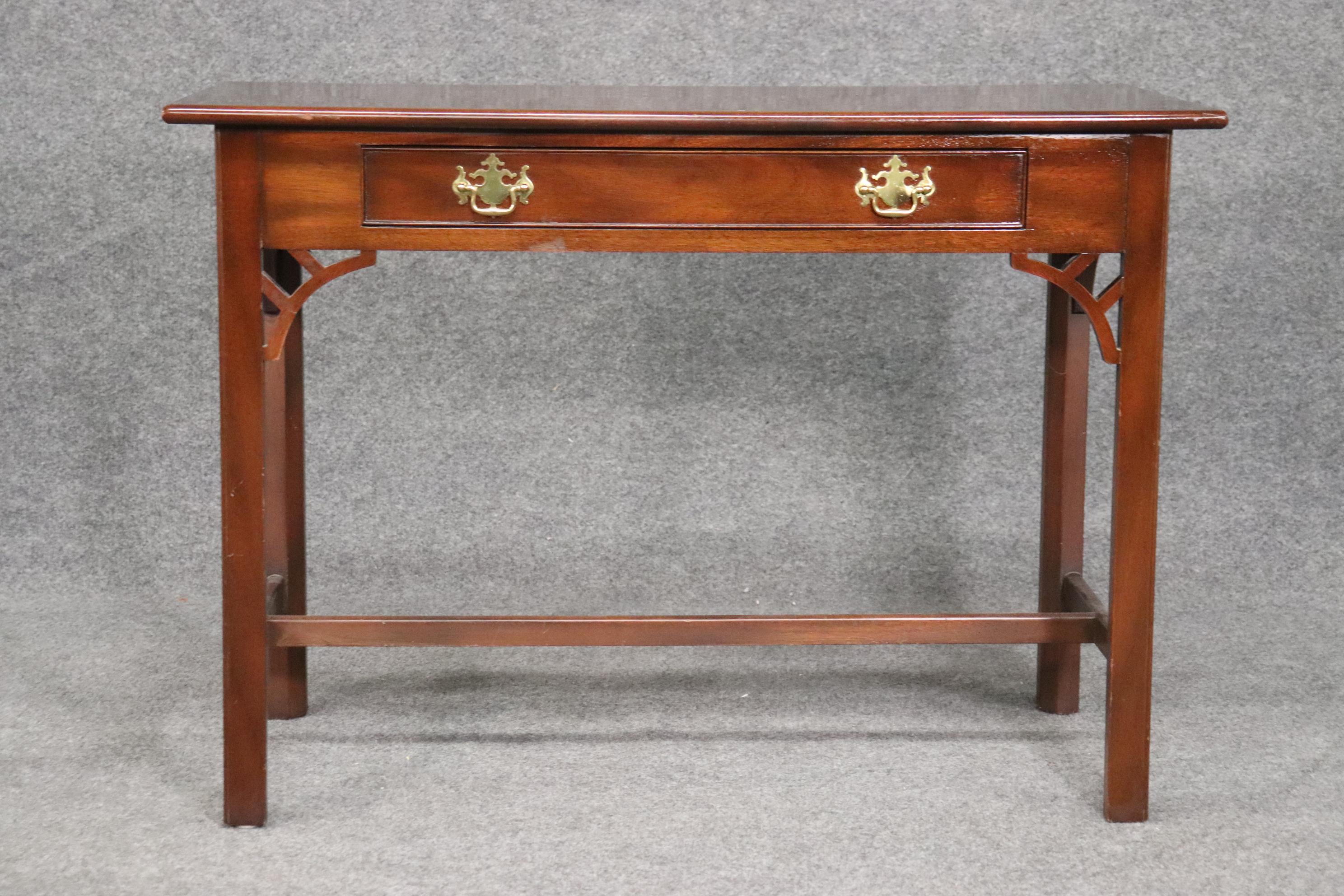 This is one of the more distinguished collections by Kittinger and is solid mahogany and designed in the Chippendale style. The desk measures 42 wide x 30 tall x 21 deep.