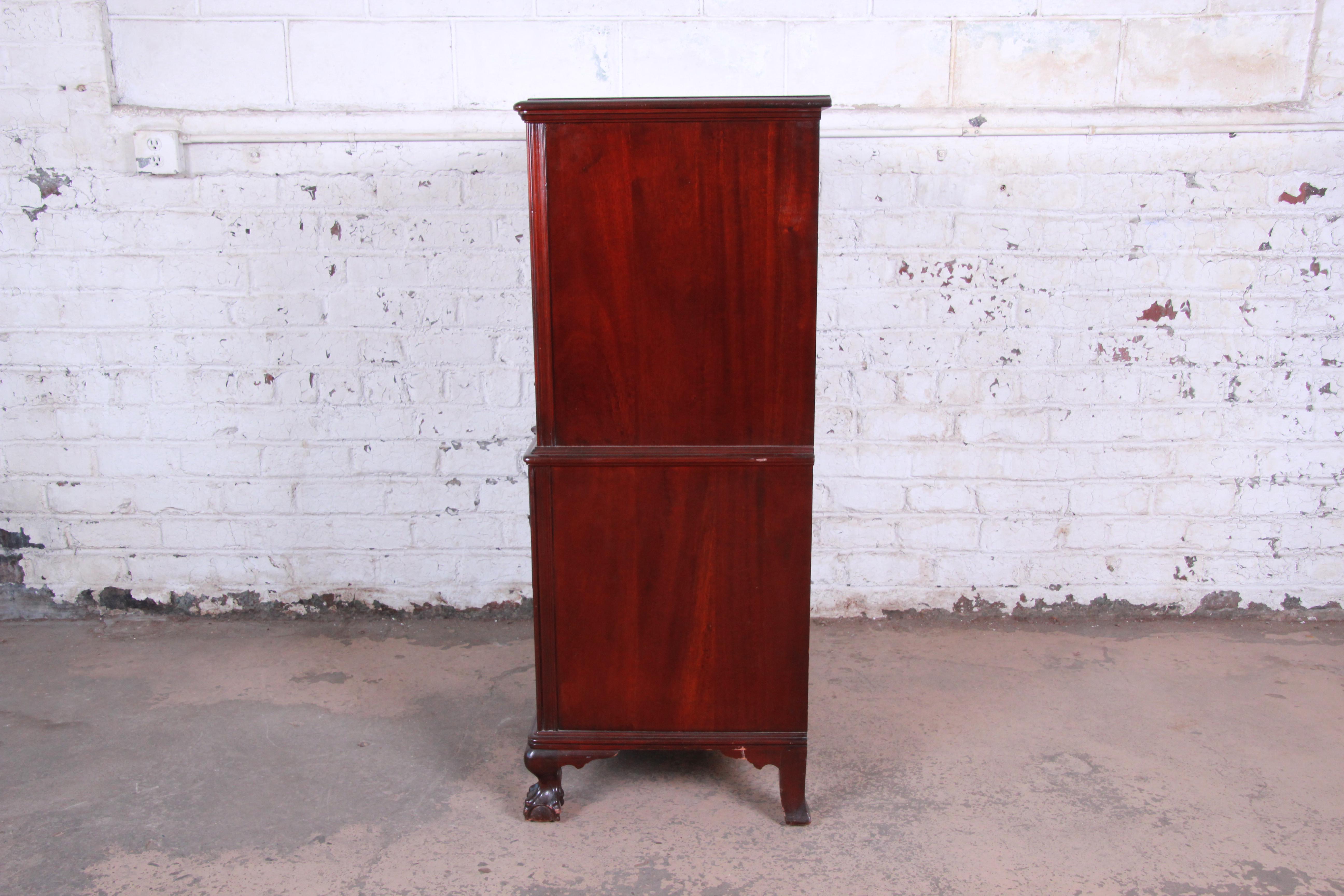 Brass Chippendale Style Solid Mahogany Highboy Dresser by Kling