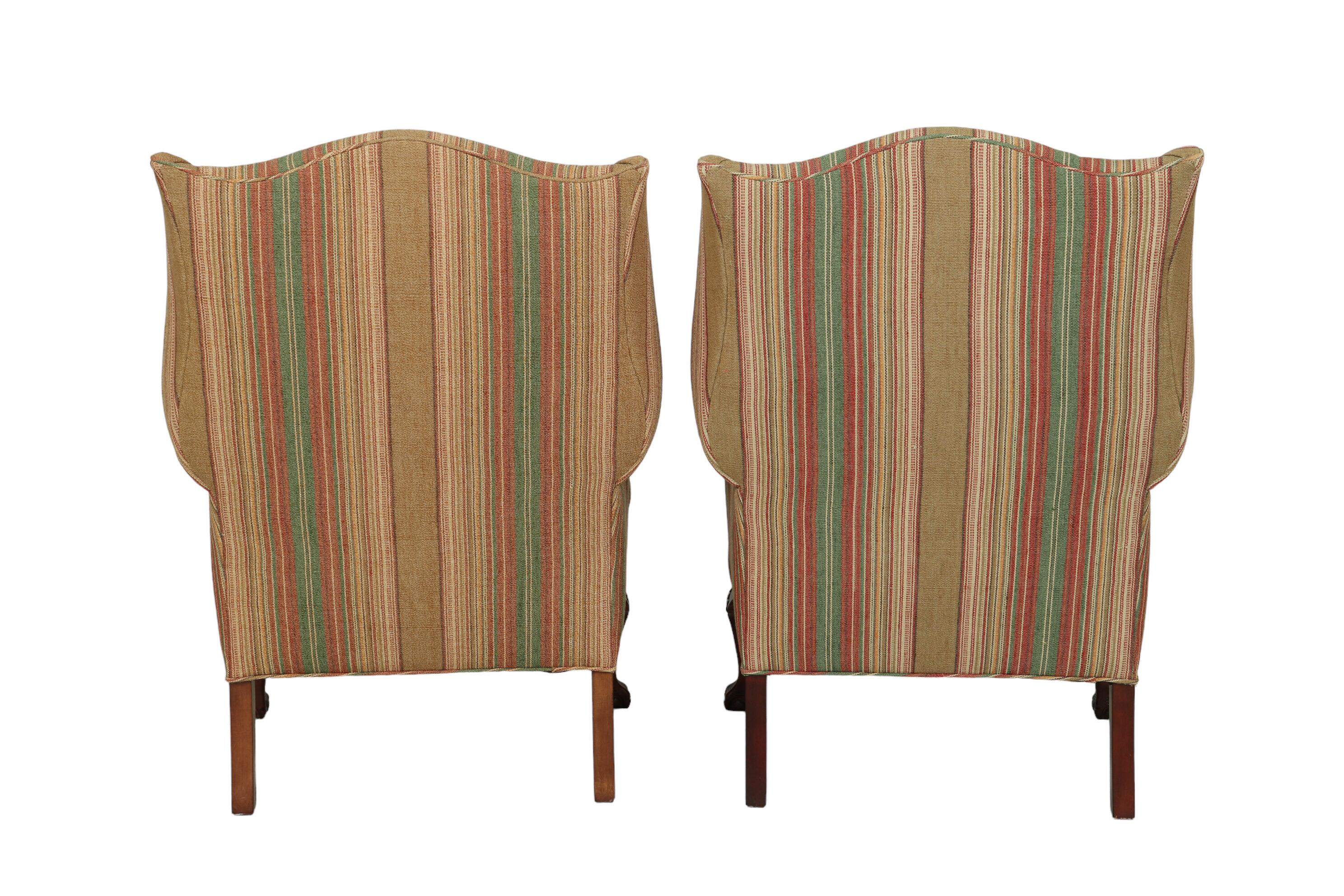 Rustic Chippendale Style Striped Wingback Chairs - a Pair