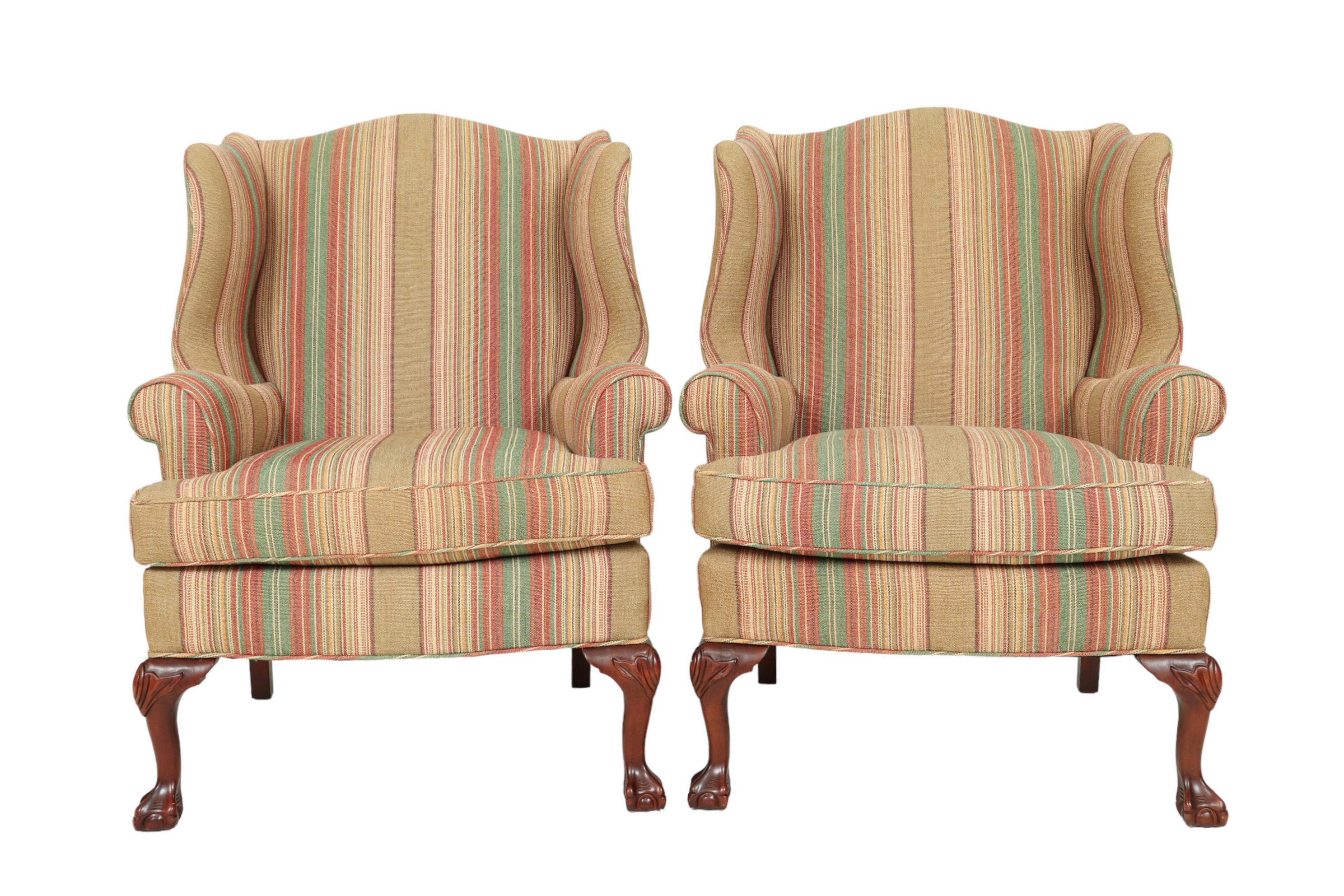 Chippendale Style Striped Wingback Chairs - a Pair