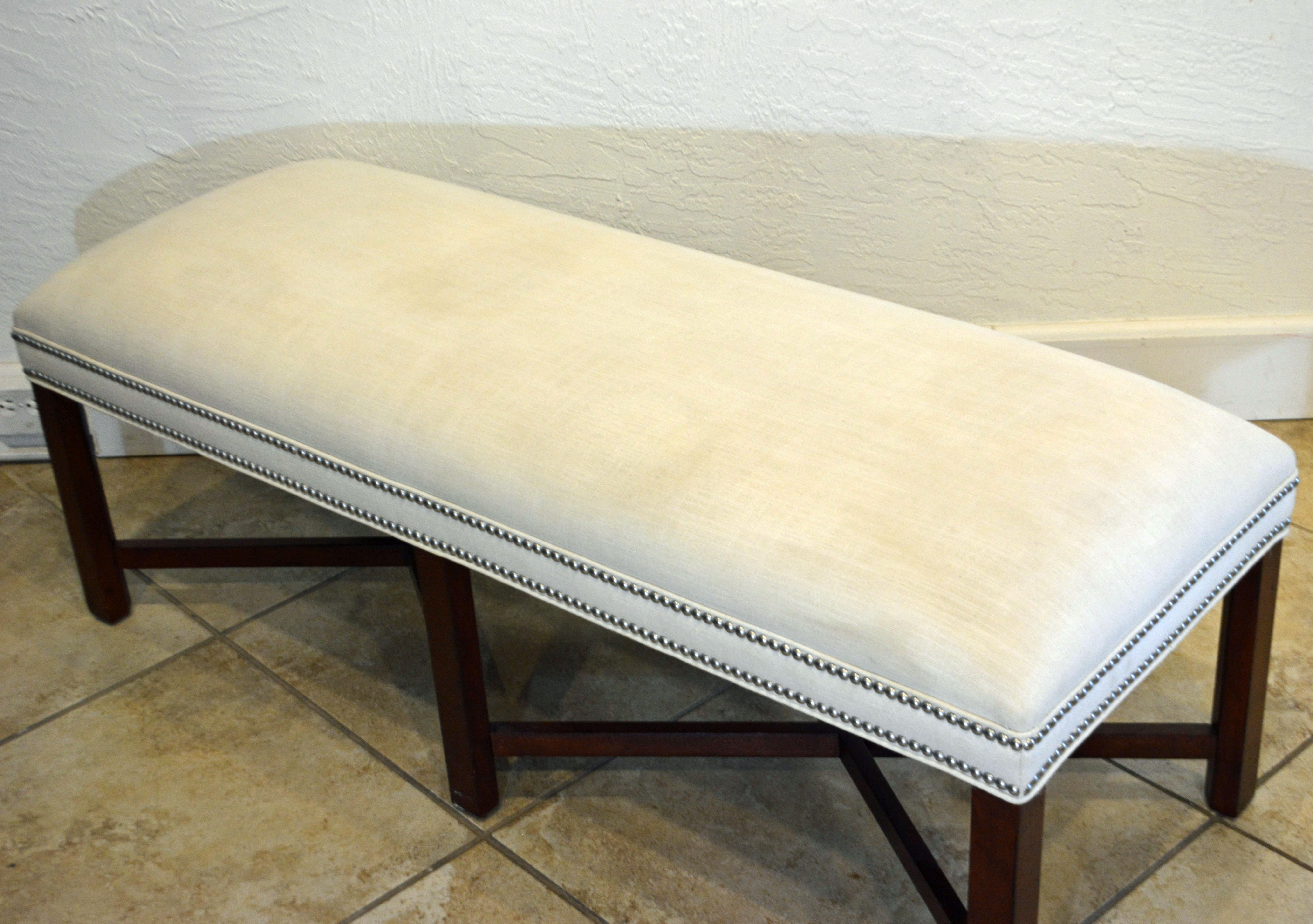 Chippendale Style Upholstered X-Stretcher Mahogany Bench of Generous Proportions 4