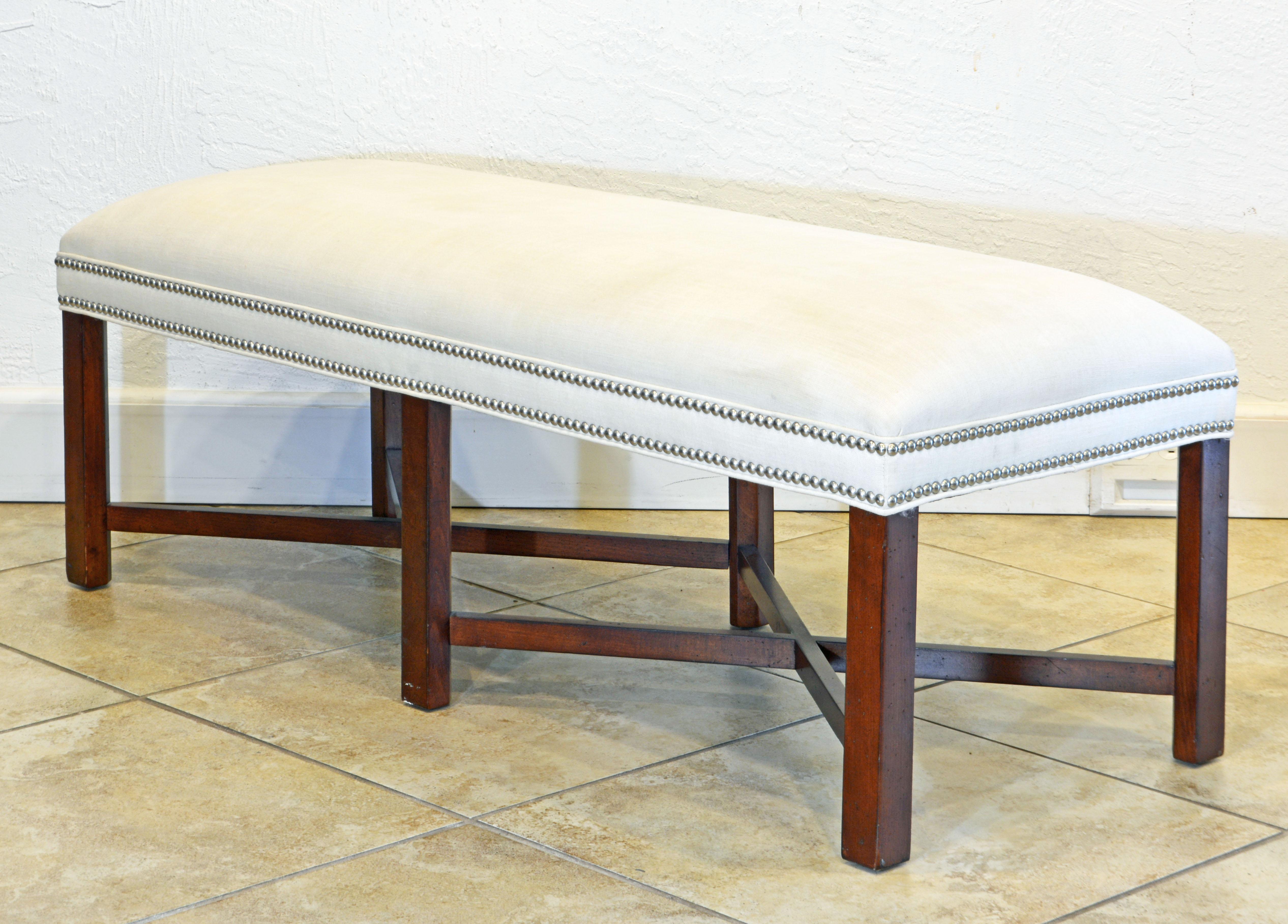 American Chippendale Style Upholstered X-Stretcher Mahogany Bench of Generous Proportions